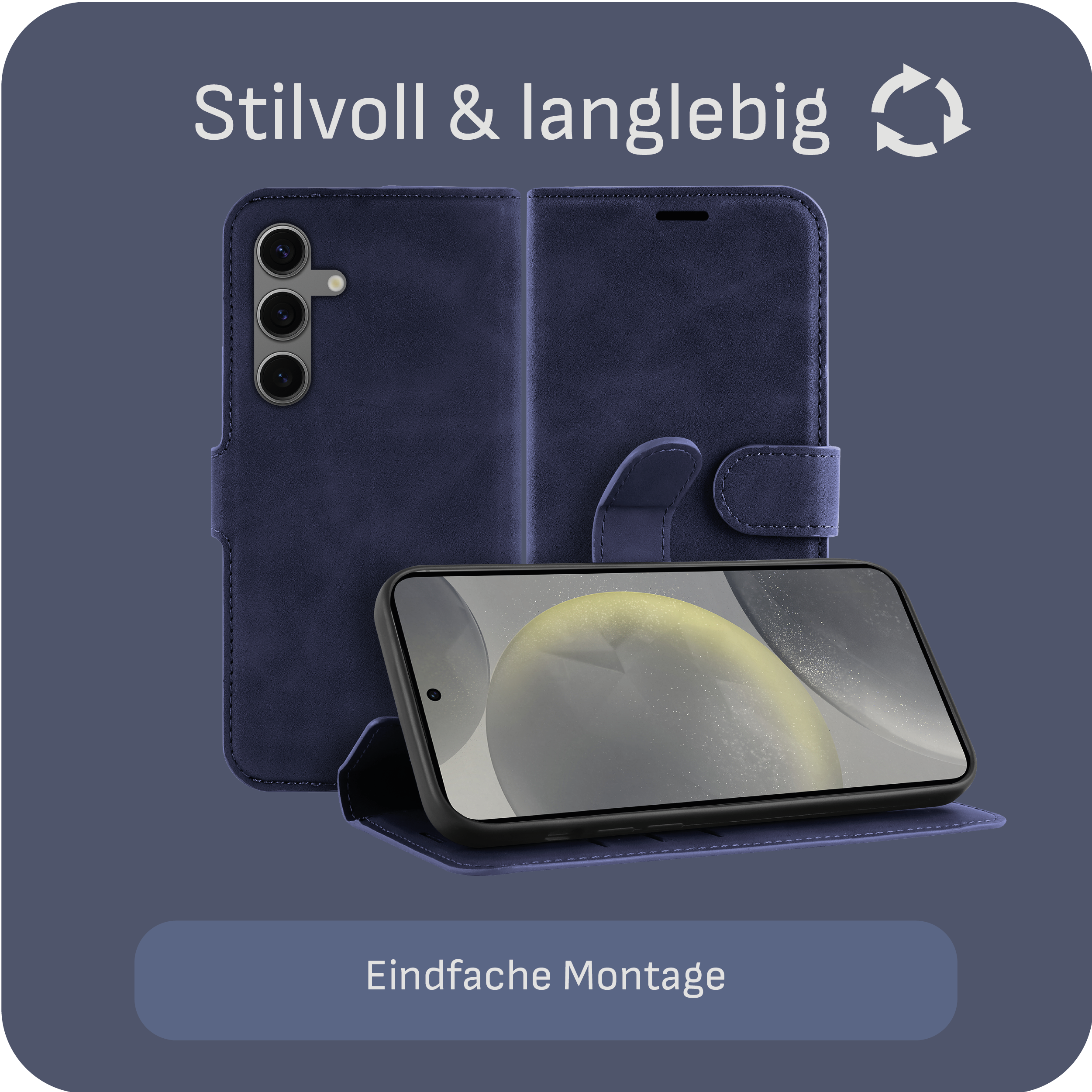 Dunkelblaue Handyhülle mit Telefon darin. Text: Stilvoll & langlebig, Einfache Montage.
