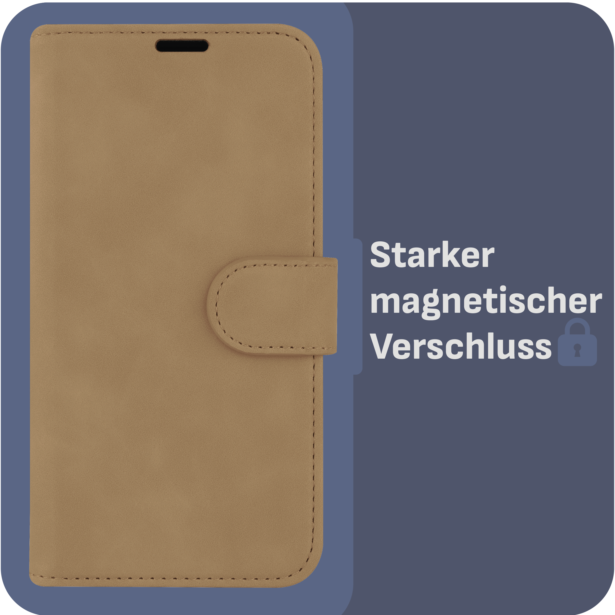 Braune Handyhülle mit Magnetverschluss. Blauer Hintergrund mit weißem Text.