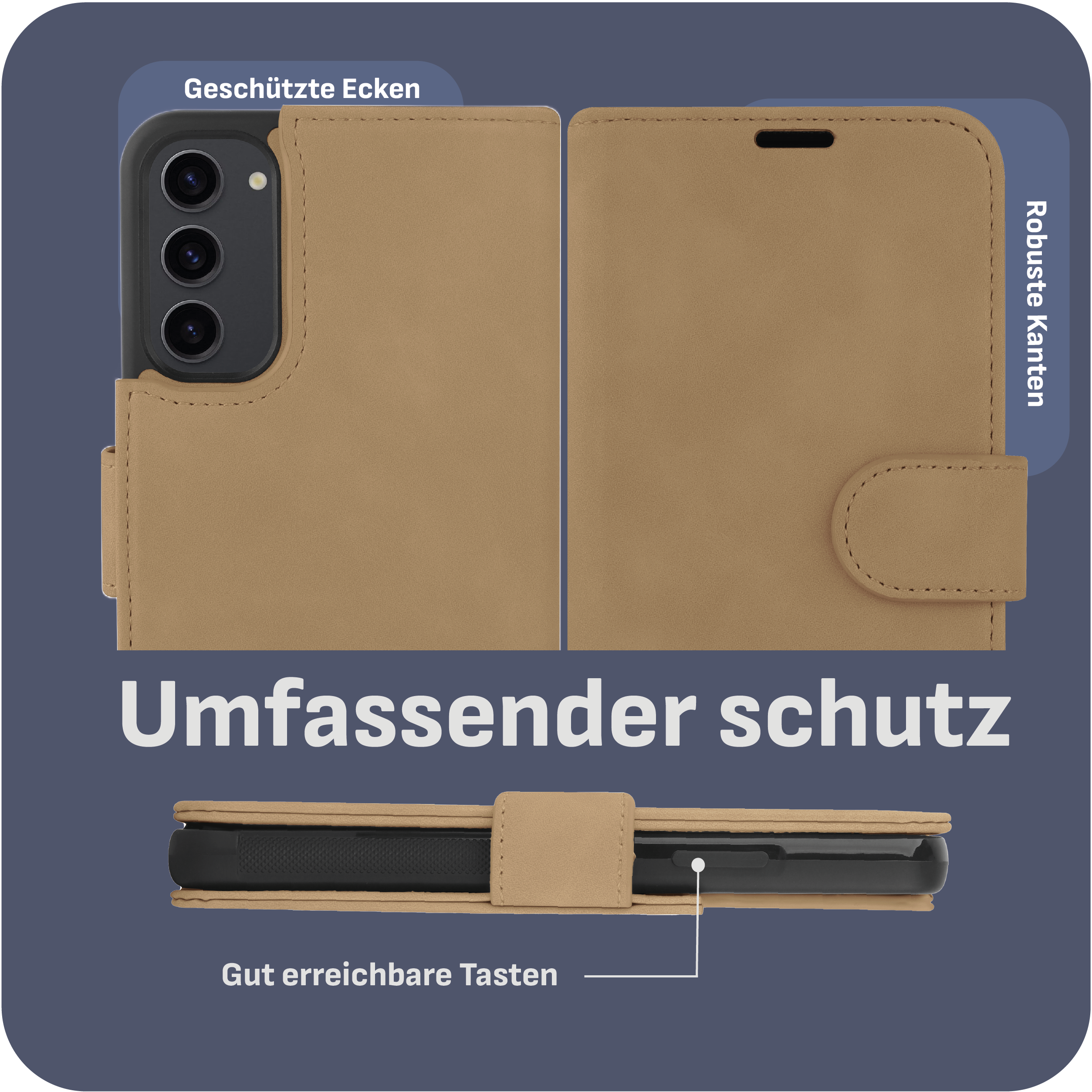 Hellbraune Leder-Handyhülle mit Text: umfassender Schutz, geschützte Ecken, robuste Kanten.