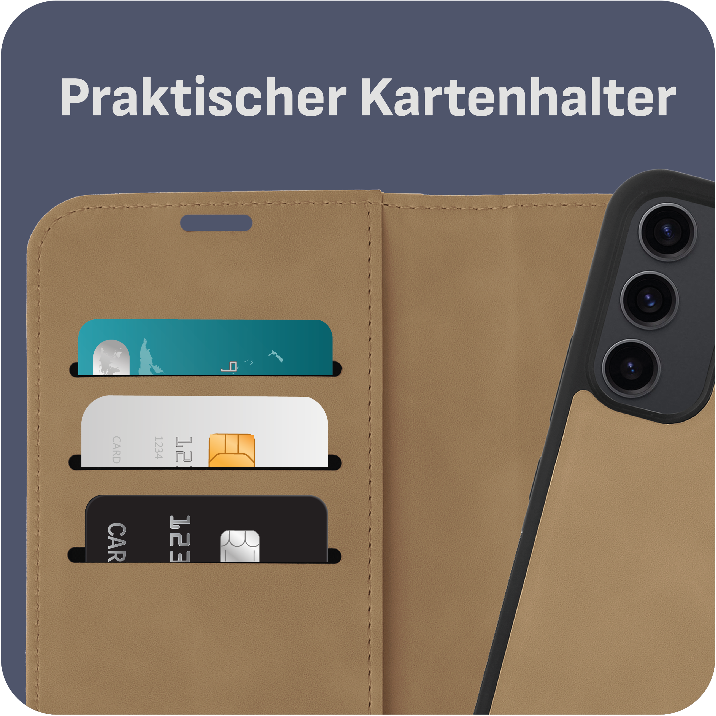 Geöffnete Handyhülle mit drei Kartenfächern. Drei Karten sichtbar. Text: Praktischer Kartenhalter.