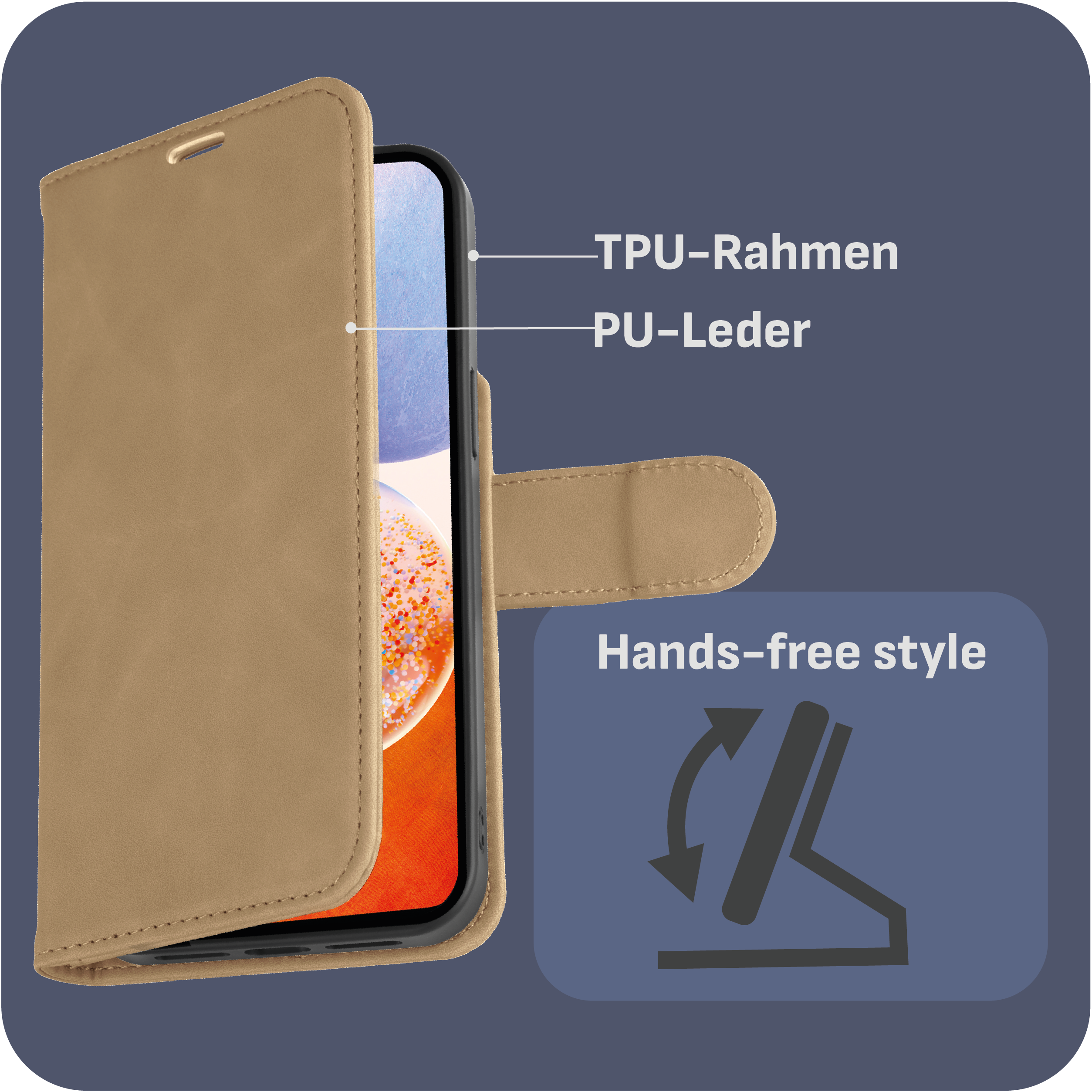 Braune Handyhülle geöffnet, Telefon zeigend. Text: 'TPU-Rahmen', 'PU-Leder' und 'Hands-free style'.