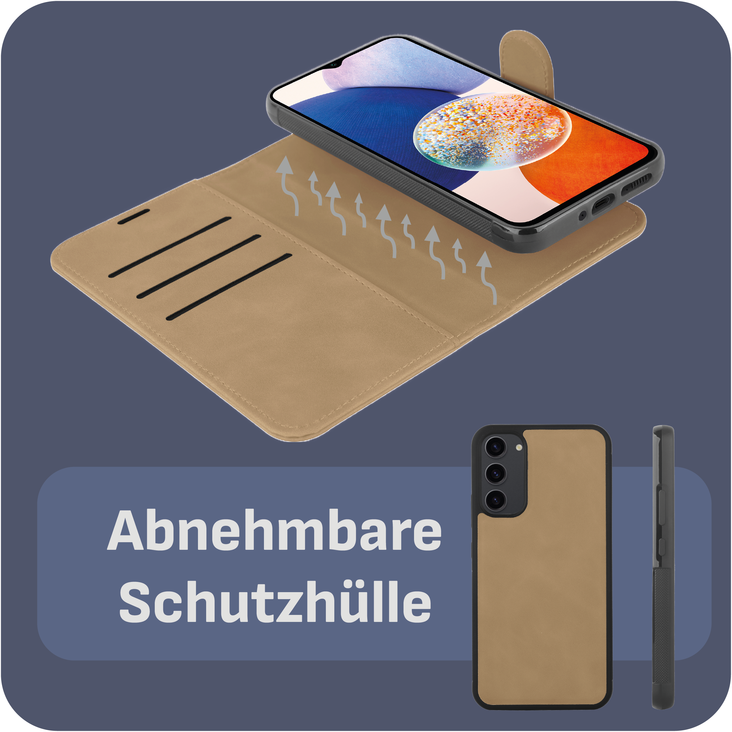 Handyhülle mit Telefon, und abnehmbarer brauner Hülle.