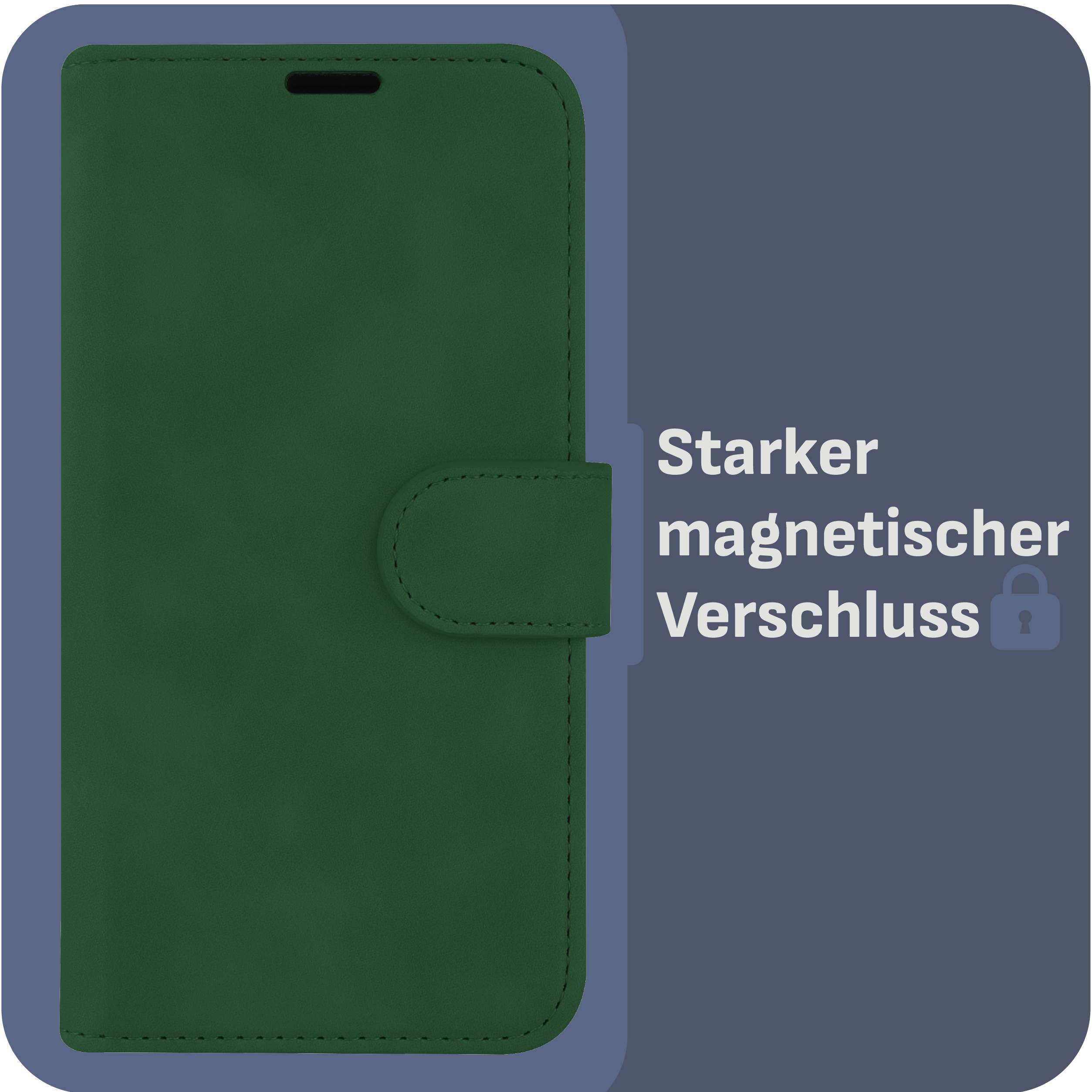 Grüne Handyhülle mit Magnetverschluss. Text: Starker Magnetverschluss. Schloss-Symbol gezeigt.