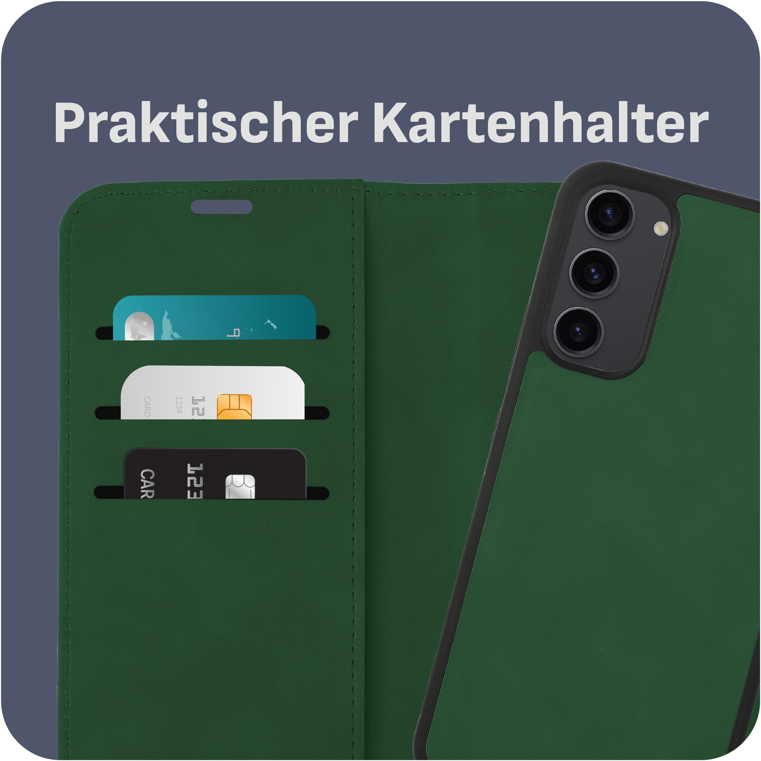 Grüne Handyhülle mit Kartenfächern. Drei Karten sind sichtbar.