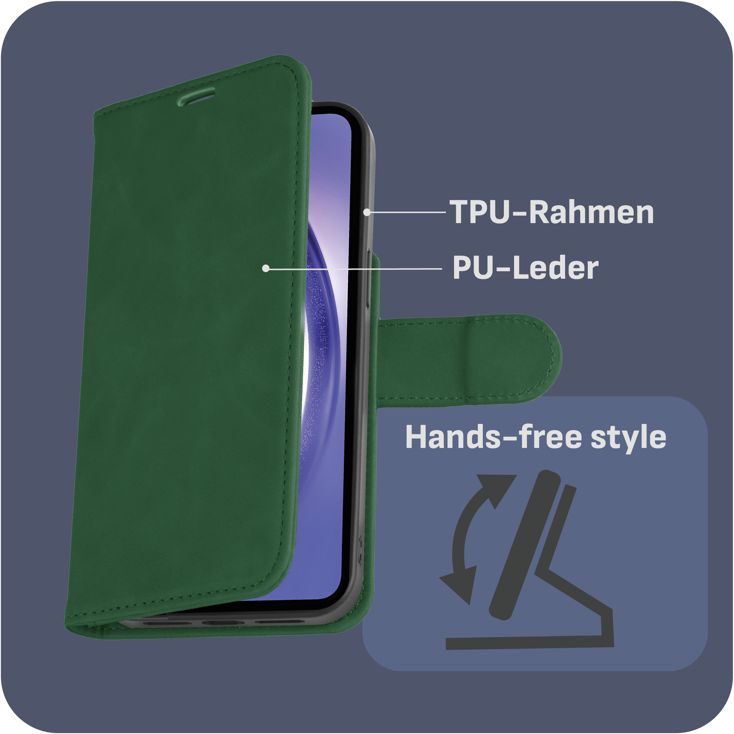 Grüne Handyhülle mit Smartphone. Text auf Deutsch: TPU-Rahmen, PU-Leder.