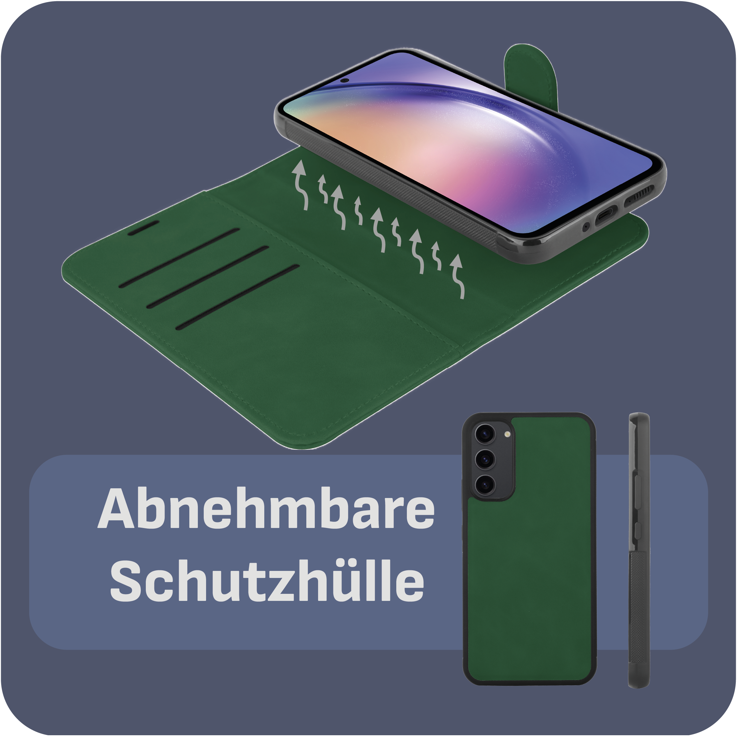 Grüne Handyhülle mit abnehmbarer Hülle, mit Telefon darüber, farbenfroher Bildschirm.