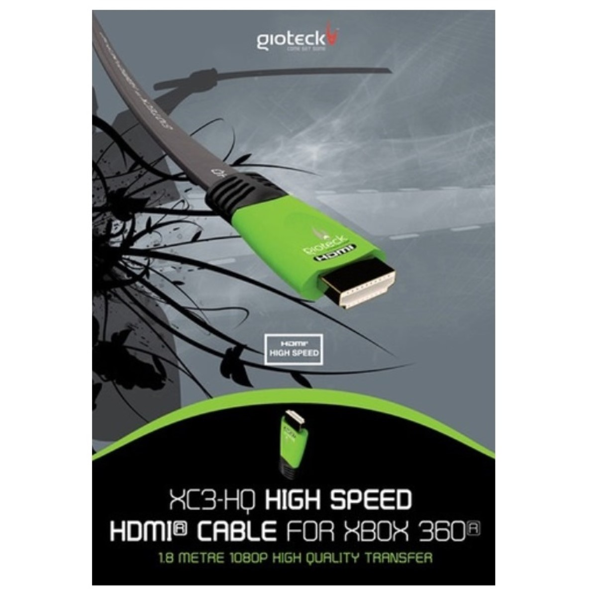 Schwarzes und grünes HDMI-Kabel mit Text 'XC3-HQ HIGH SPEED HDMI® CABLE'.