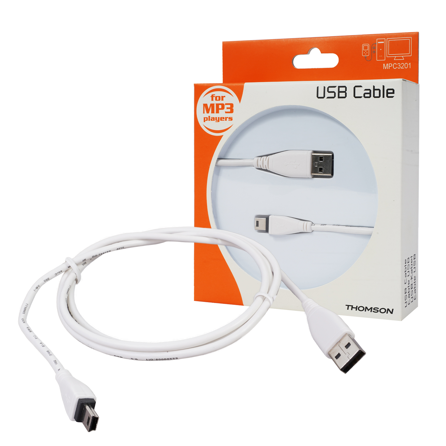 Weißes USB-Kabel mit Anschlüssen, vor einer Box mit dem Text: USB-Kabel.