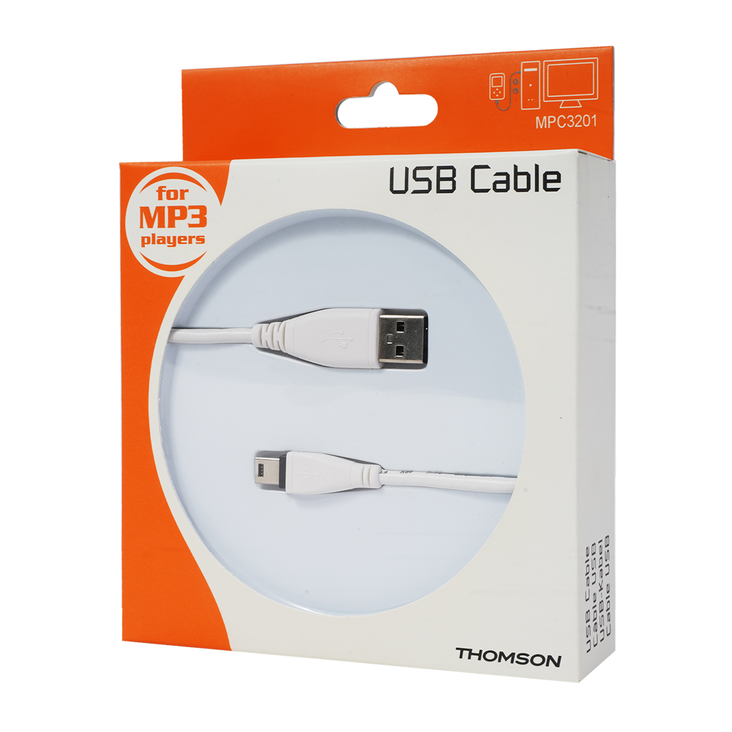 Weiße USB-Kabelbox. Kabel ist weiß mit schwarzen Steckern. 'USB-Kabel'-Text, orange und weiße Box.