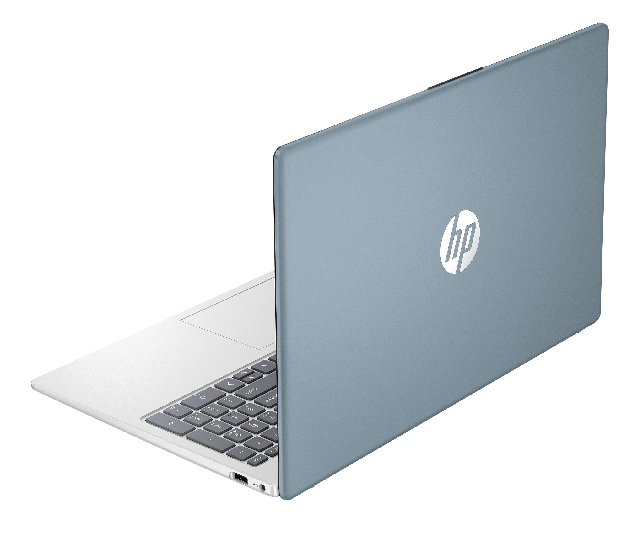 Laptop, pochylony, widok z tyłu, jasnoniebieski, z białym logo HP, na białym tle.
