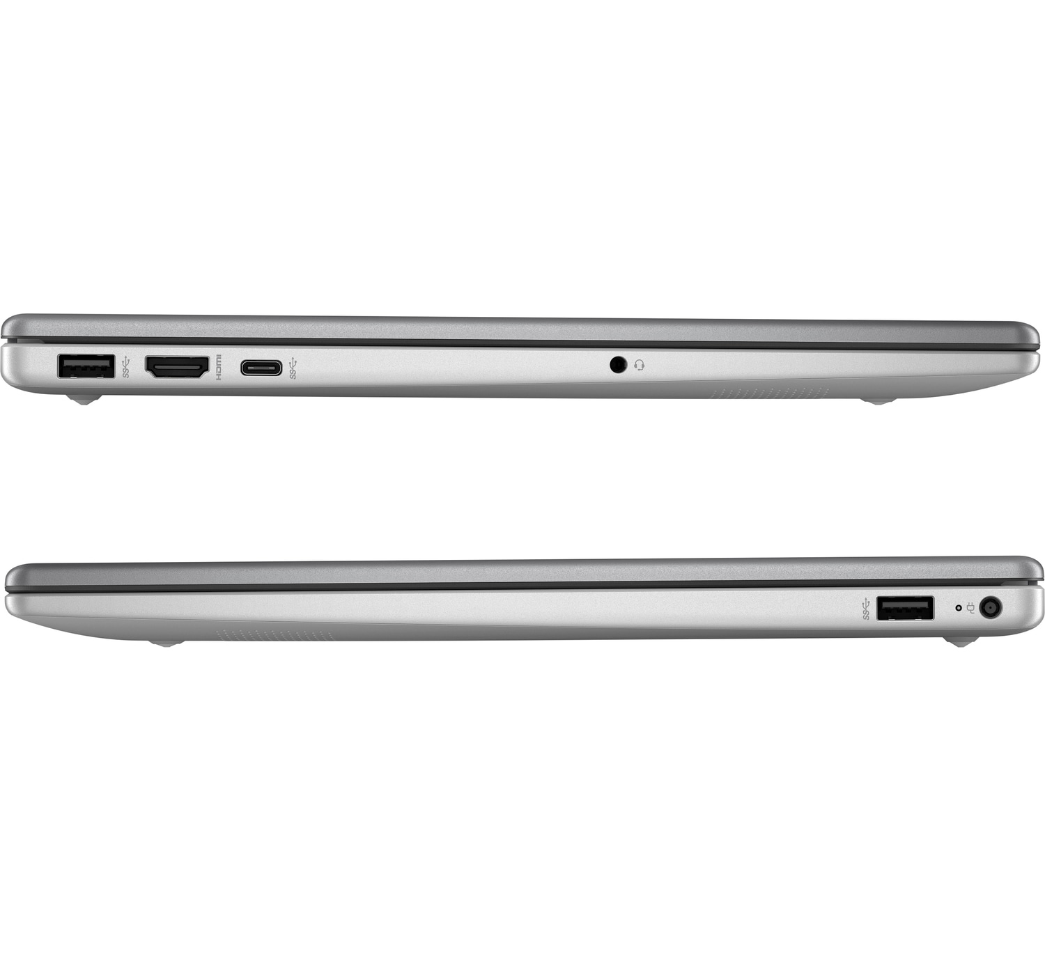 A laptop from the side, silver in color, with ports on the side. The screen is not visible.