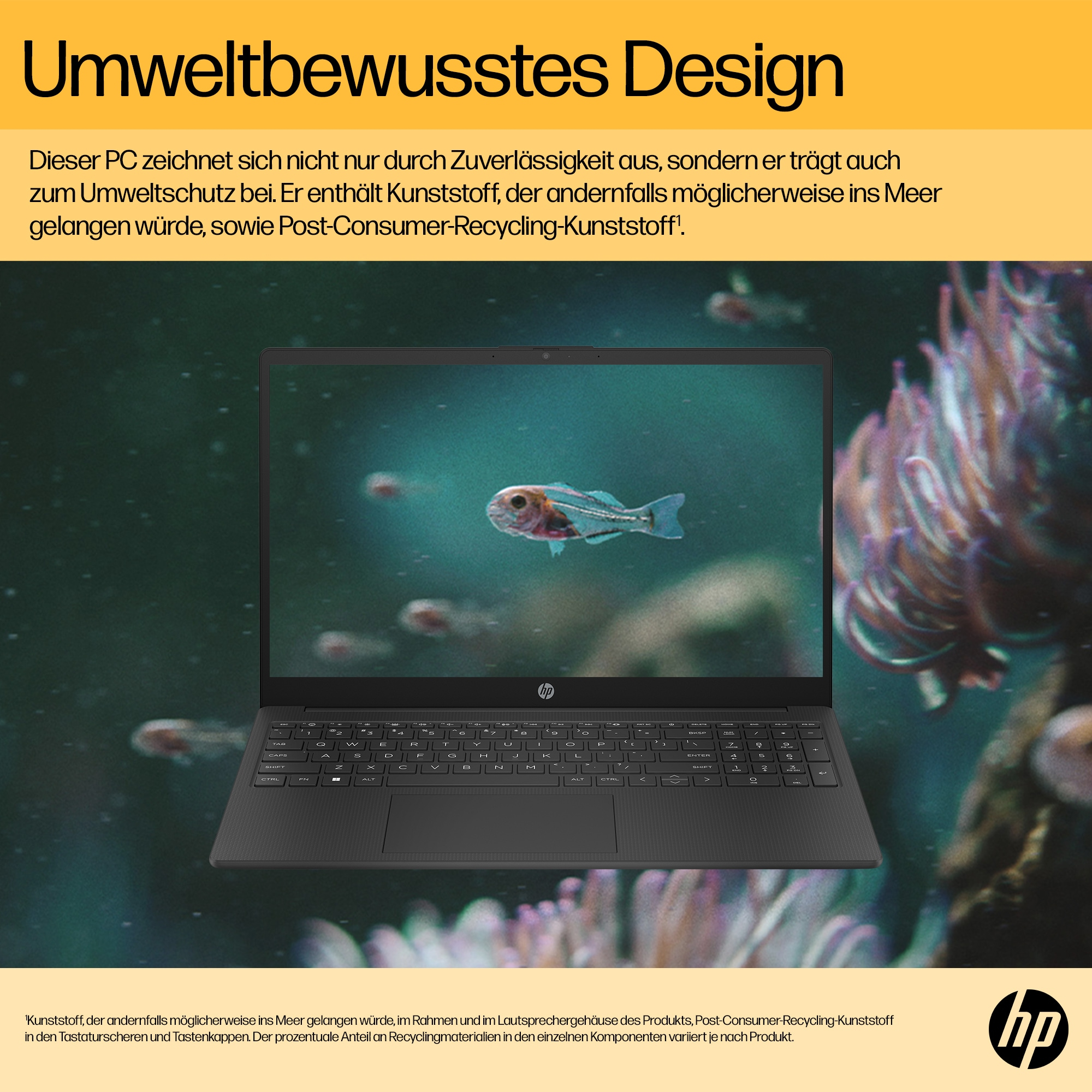 Laptop mit Fisch- und Meeres-Szene auf dem Bildschirm und Text auf Deutsch. HP-Logo.