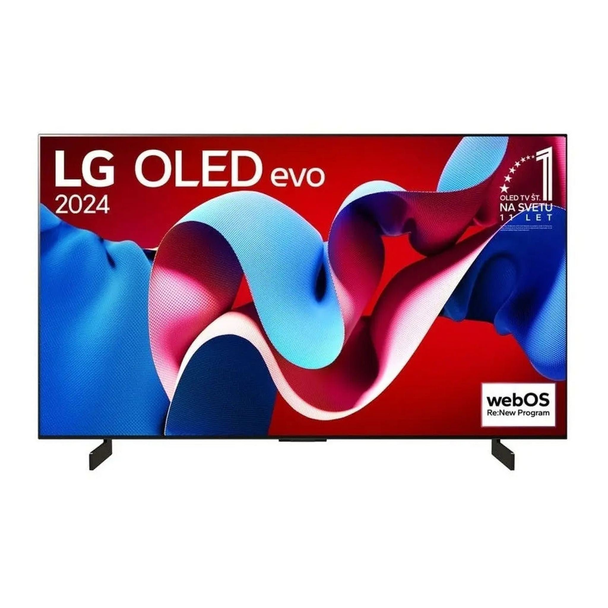TV LG OLED evo che mostra arte astratta colorata, con i loghi LG e WebOS e una stella.