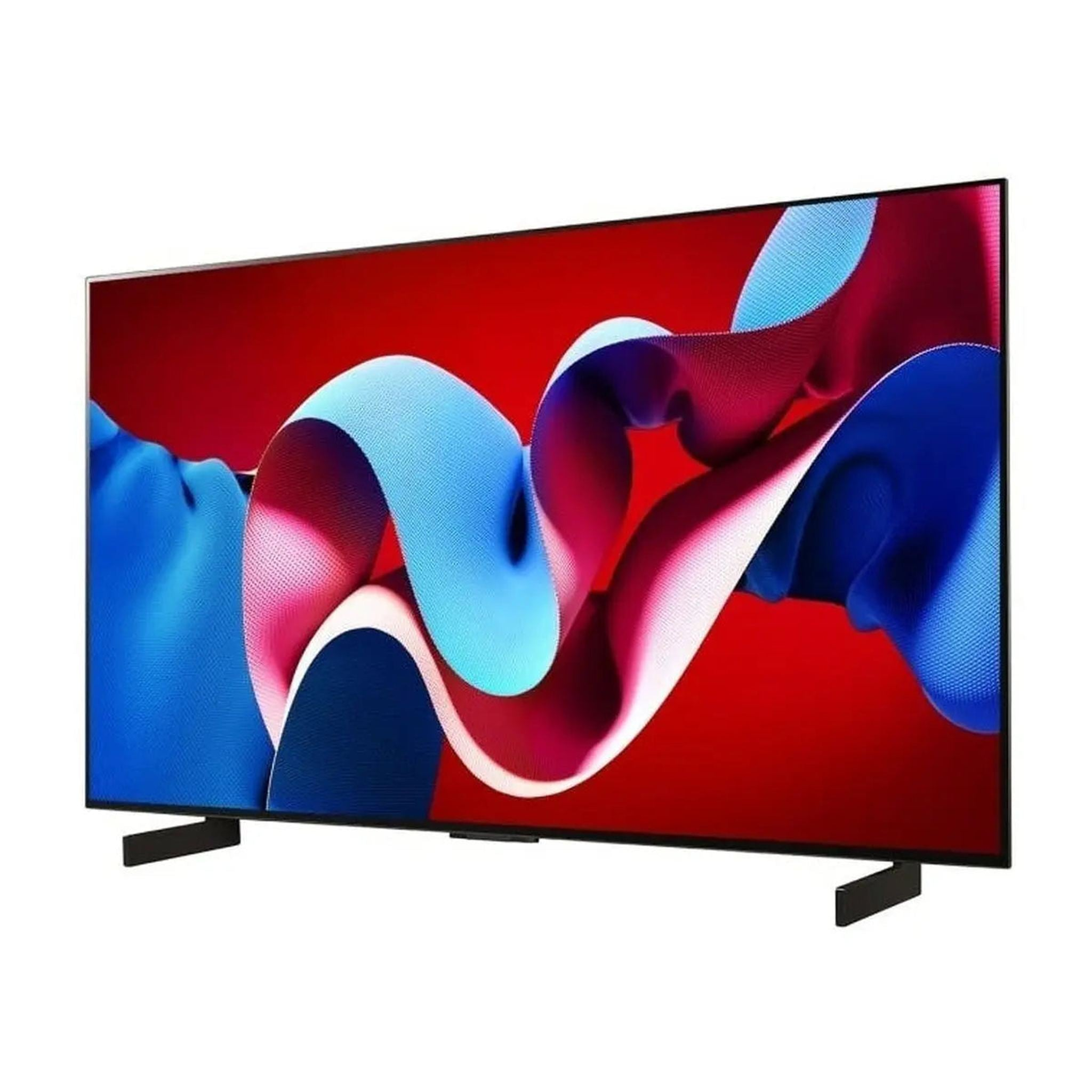 Un grande schermo TV con sfondo rosso. Forme ondulate blu e bianche sullo schermo.