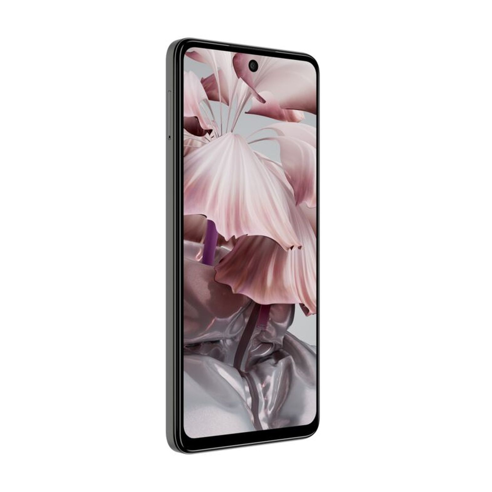 Schwarzes Smartphone, Bildschirm zeigt abstraktes rosa Blumendesign. Nahaufnahme.