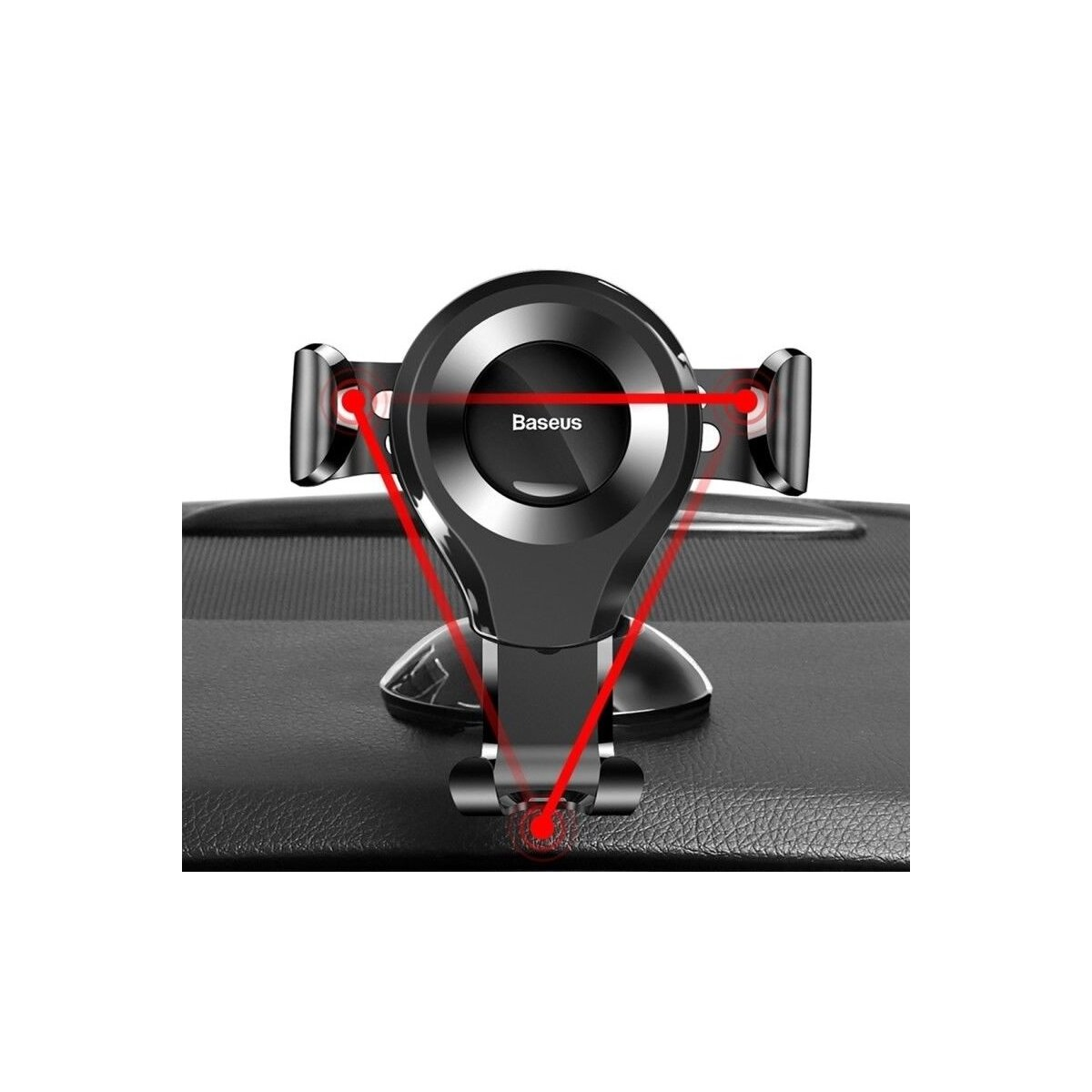 Czarny uchwyt na telefon do deski rozdzielczej samochodu, z czerwonymi liniami wskazującymi jego konstrukcję.