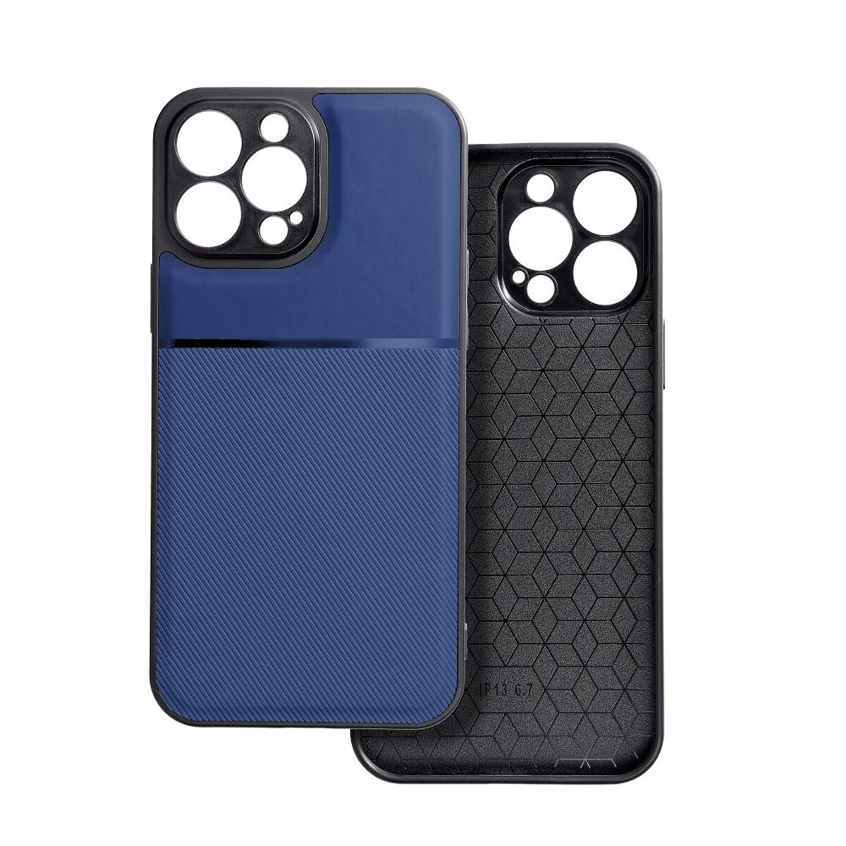 Zwei blau-schwarze Handyhüllen. Eine hat einen strukturierten blauen Bereich, die andere ein Wabenmuster.
