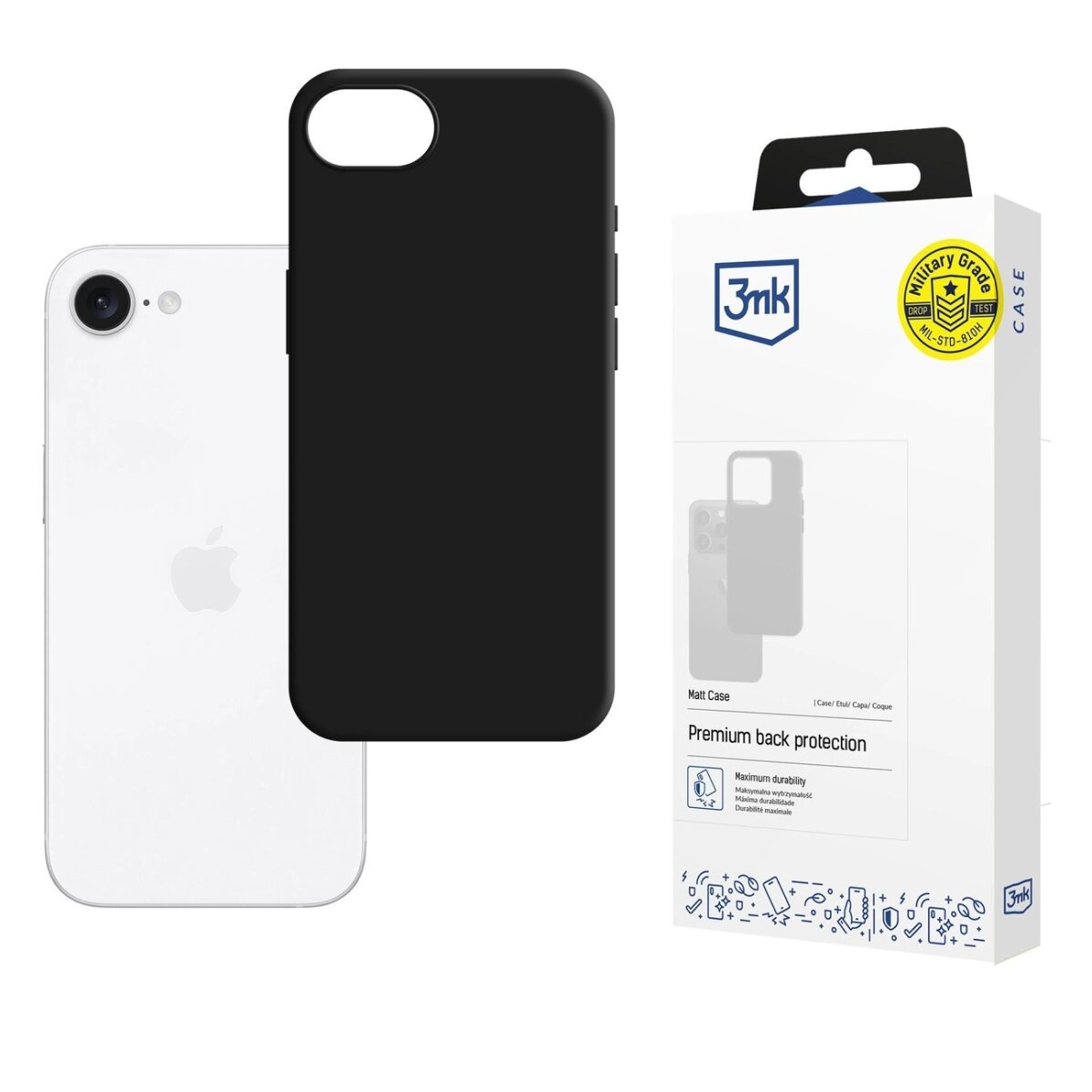 Weißes iPhone neben einer schwarzen Handyhülle. Die Hülle ist schwarz, mit Verpackung rechts.