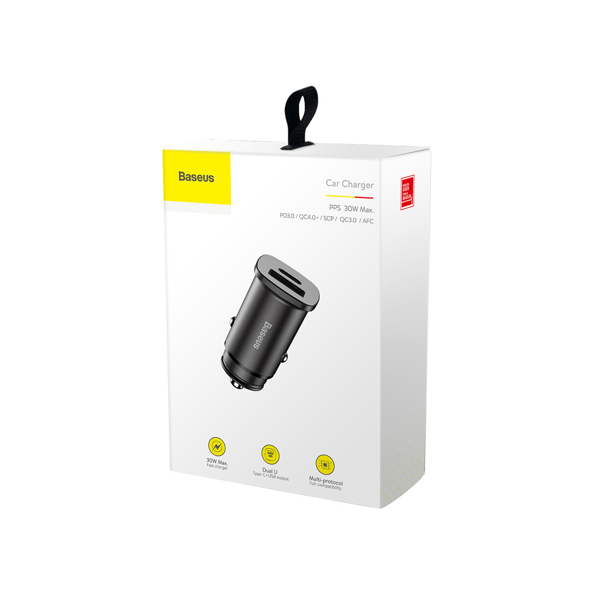 Białe pudełko z ładowarką samochodową w środku. Pudełko ma markę "Baseus".