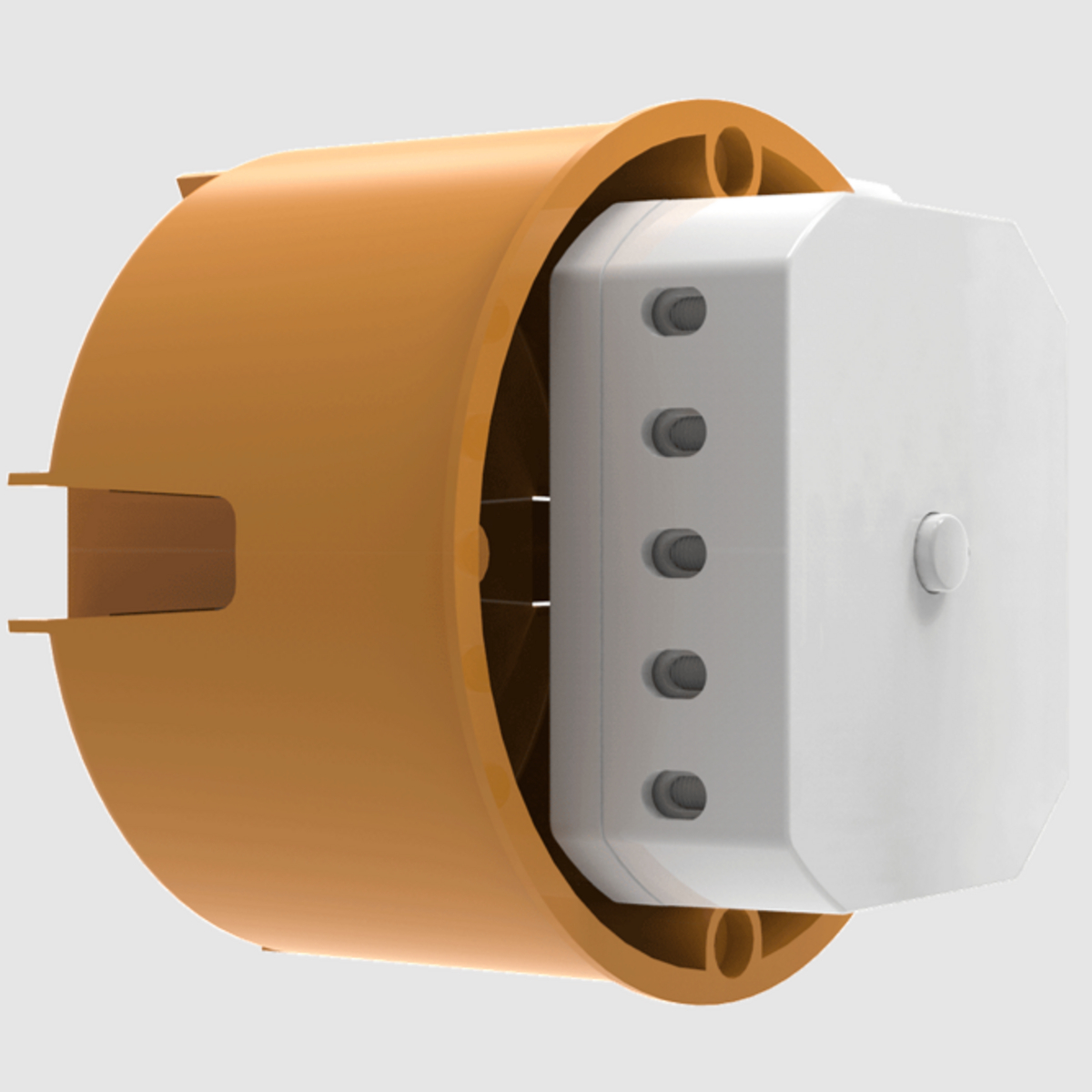 Orangefarbene und weiße elektronische Komponente, zeigt innere Struktur mit grauen Elementen.