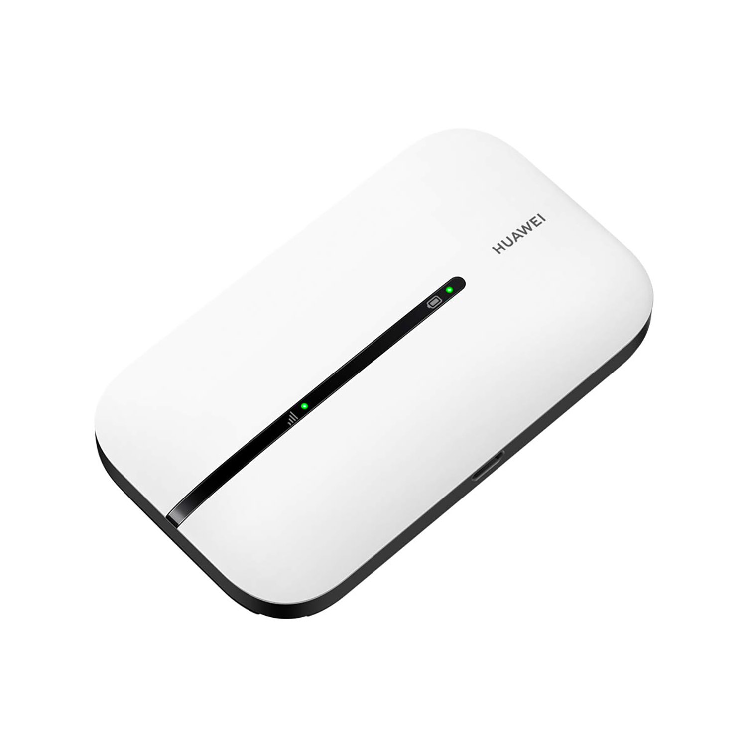 Router Huawei blanco, banda negra, luces verdes sobre fondo blanco.