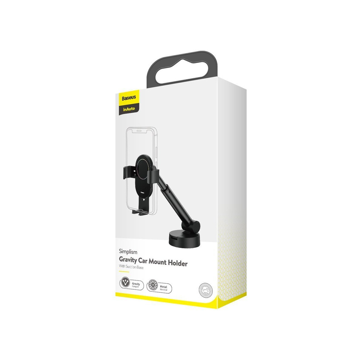 Uchwyt samochodowy w białym pudełku. Czarny uchwyt na telefon i przyssawka.