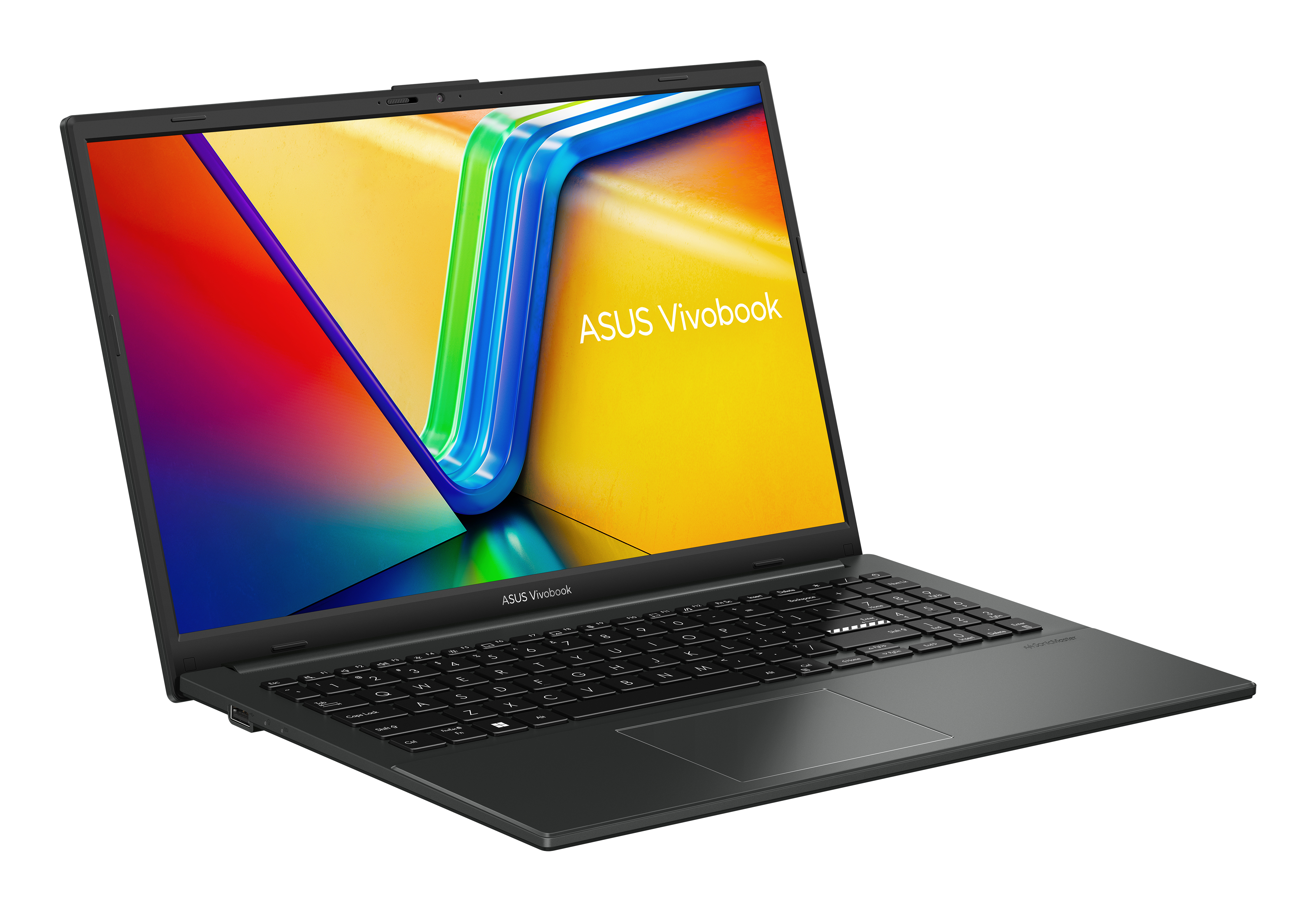 Un laptop nero con uno schermo colorato. Lo schermo è aperto e il laptop è angolato.