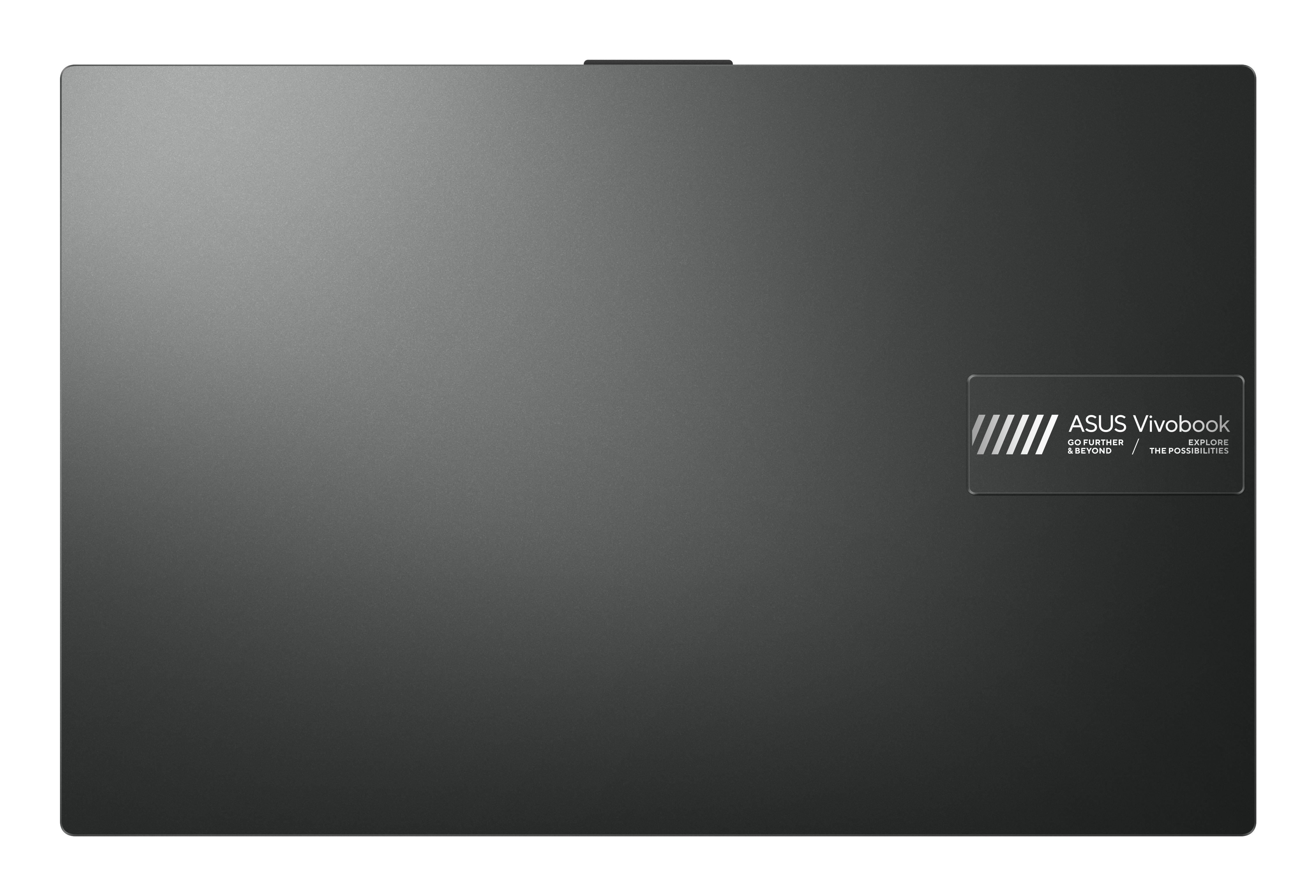 Tył ciemnoszarego laptopa ze srebrnym logo ASUS Vivobook w prawym dolnym rogu.
