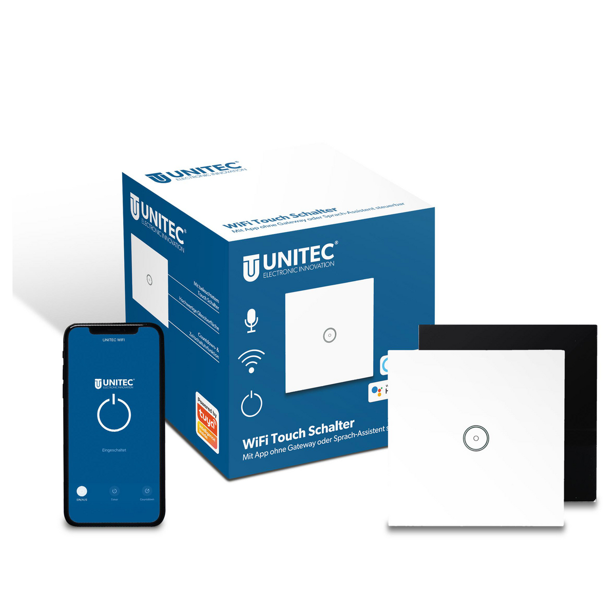 Box mit Smart-Home-Gerät und Telefon mit App.