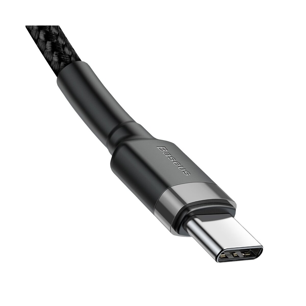 Czarny kabel USB-C z plecionym wzorem i metalowym złączem. Marka to Baseus.