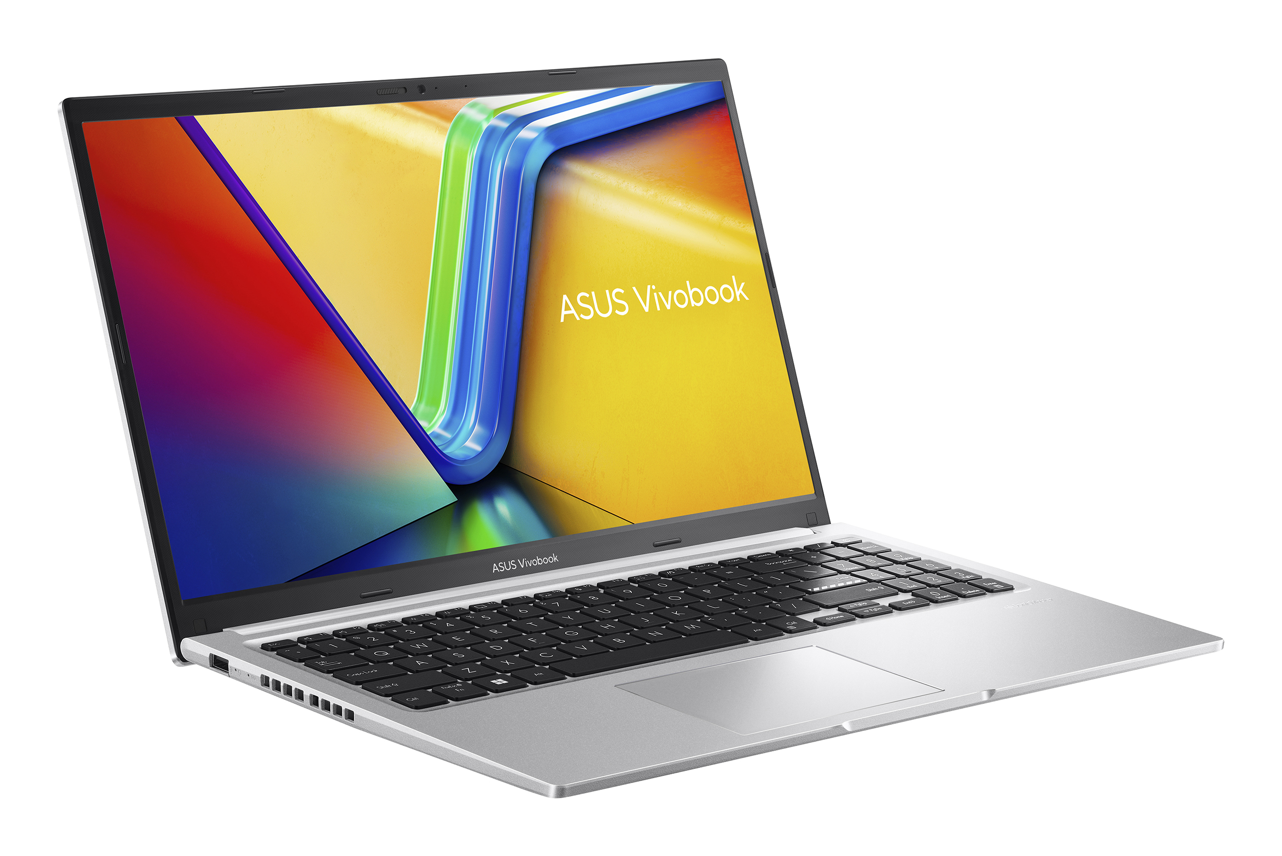 Ordinateur portable argenté avec un écran coloré affichant ASUS Vivobook. Le clavier et le pavé tactile sont visibles.