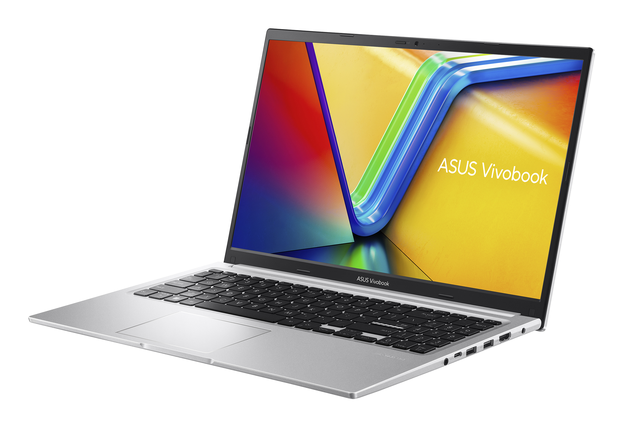 Ordinateur portable argenté avec écran ASUS Vivobook. L'écran affiche des graphismes colorés.