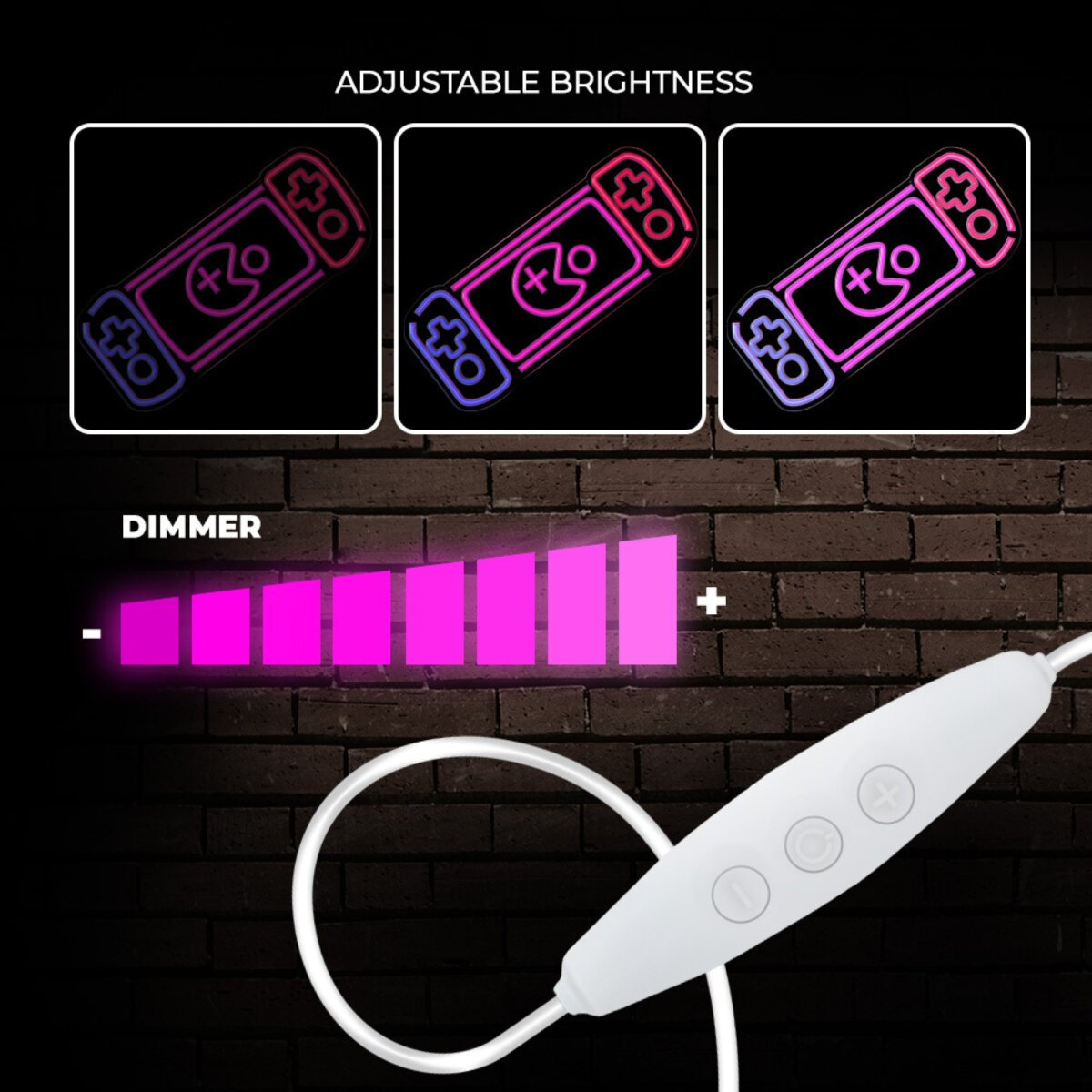 Nahaufnahme einer weißen Fernbedienung mit Tasten und Dimmer. Zeigt Illustrationen eines Gaming-Controllers.