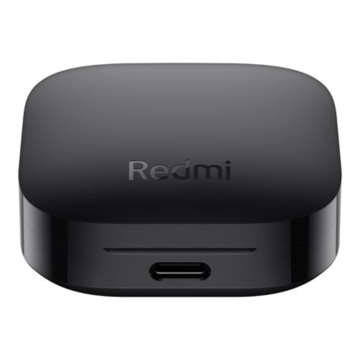 Zwarte Redmi oplaadcase voor oordopjes. USB-C poort. Donkergrijs oppervlak. Witte achtergrond.