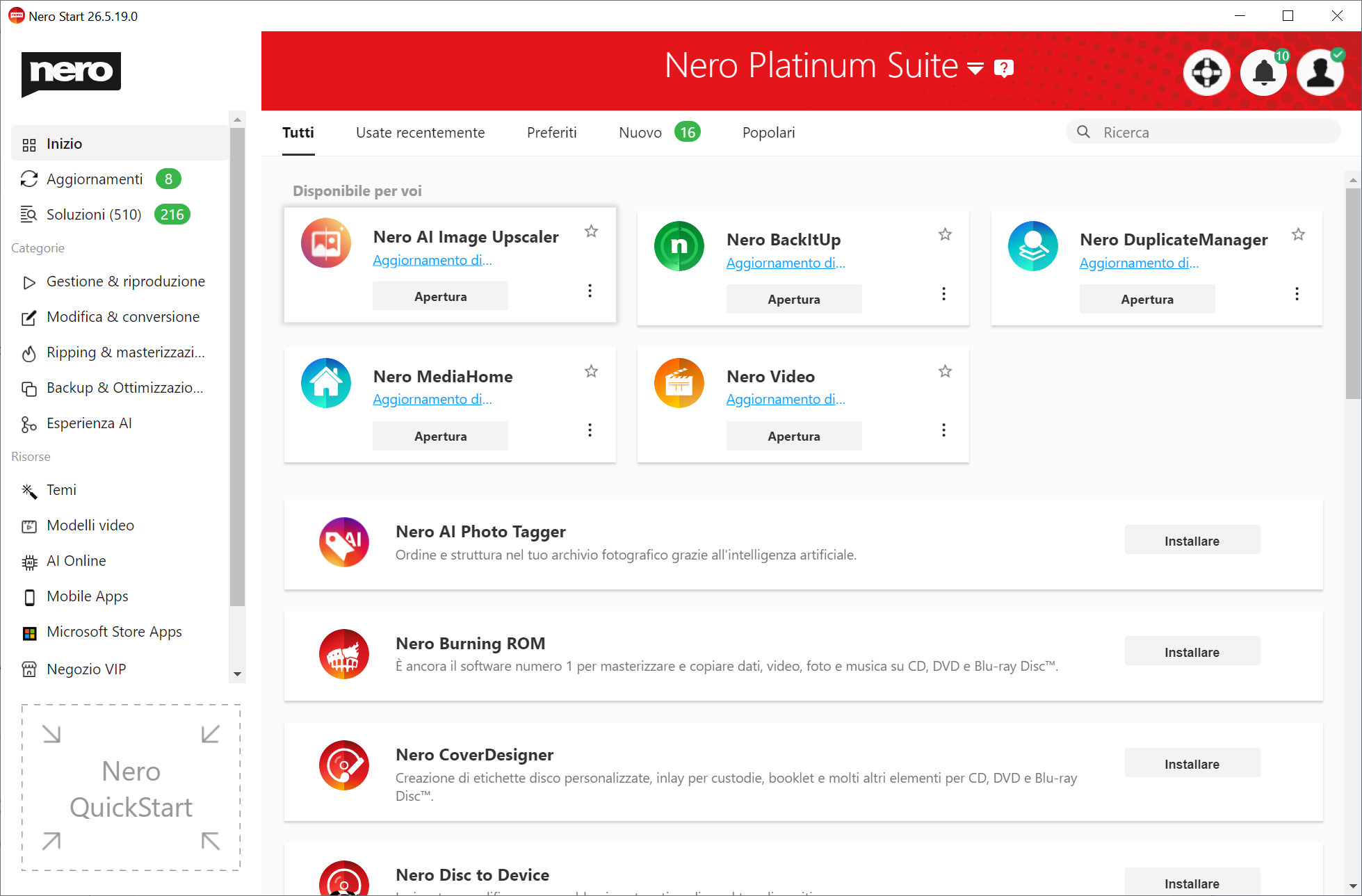 Zrzut ekranu interfejsu oprogramowania Nero Platinum Suite, z wieloma kafelkami aplikacji.