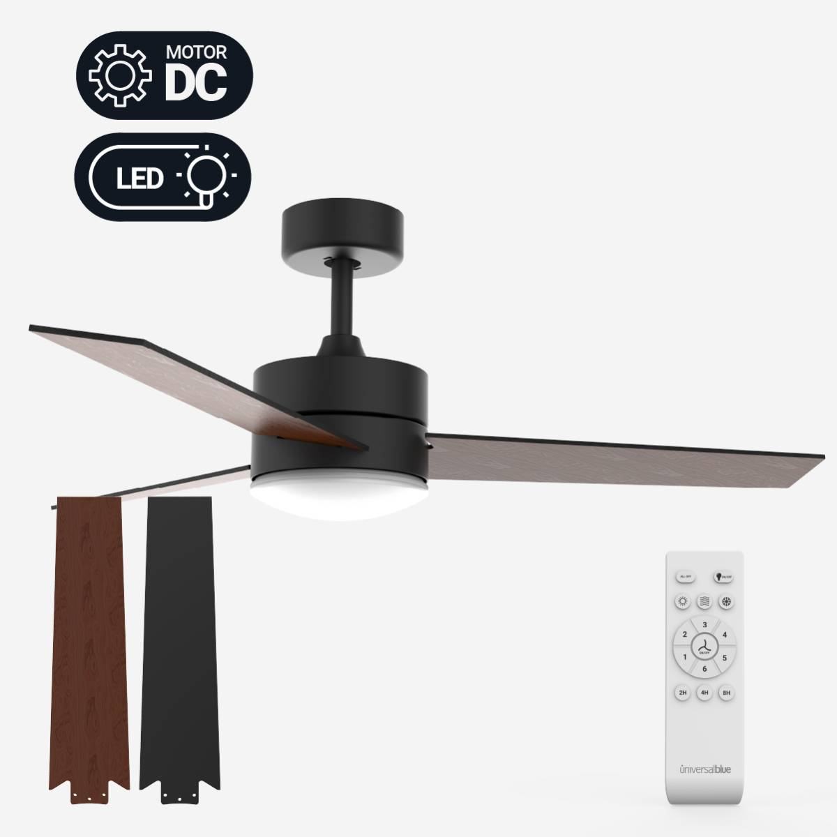 Ventilatore da soffitto con pale in legno, motore nero e telecomando.