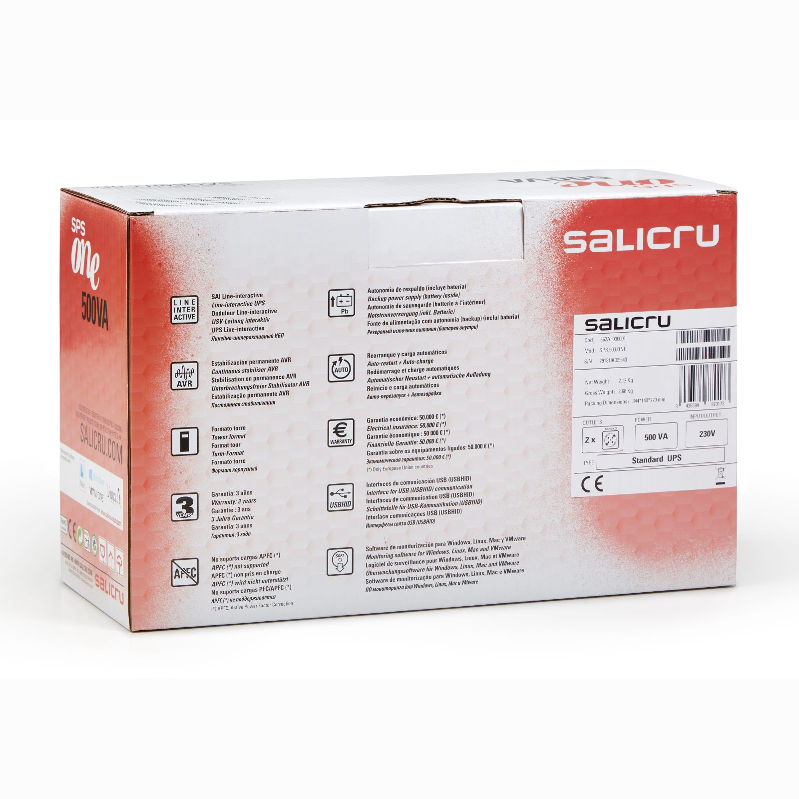 Una caja con la marca Salicru. Texto y un diagrama.