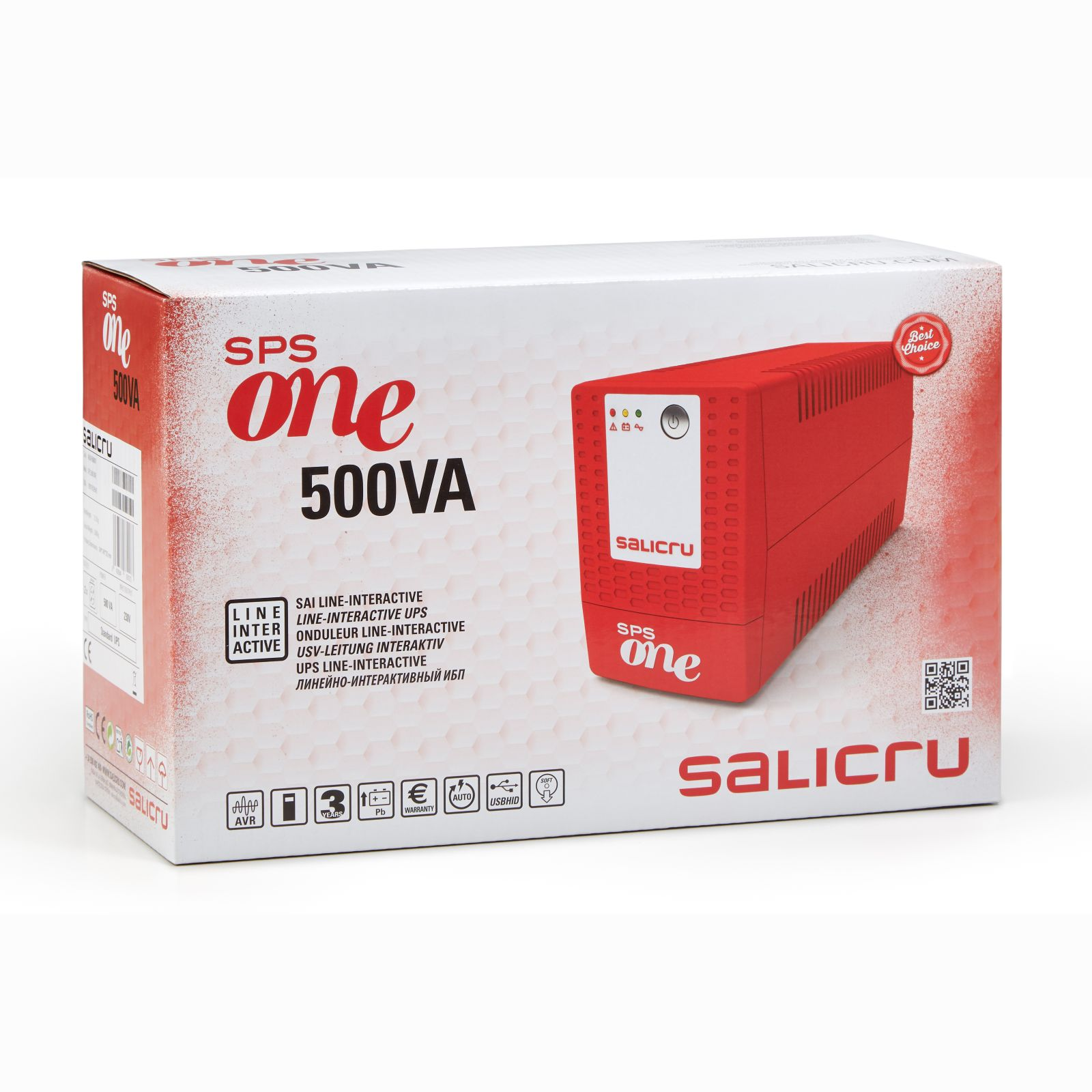 Un SAI SPS one 500VA rojo y blanco, empaquetado en una caja blanca y roja, con detalles del producto.