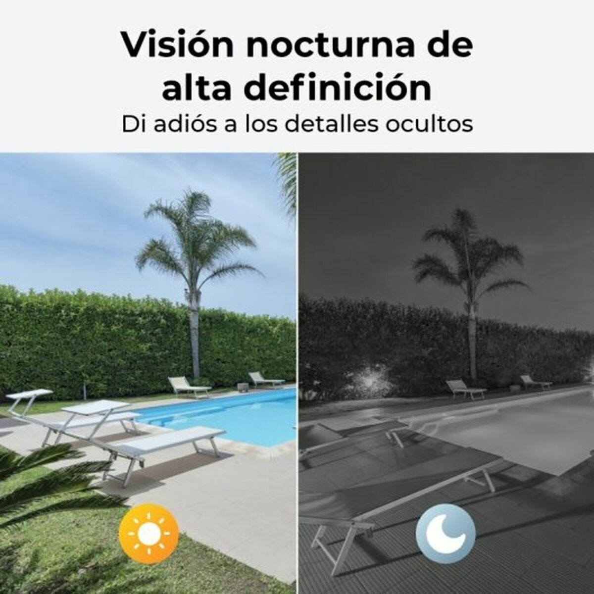 Porównanie noktowizyjne. Słoneczny dzień vs. widok nocny basenu i palmy.