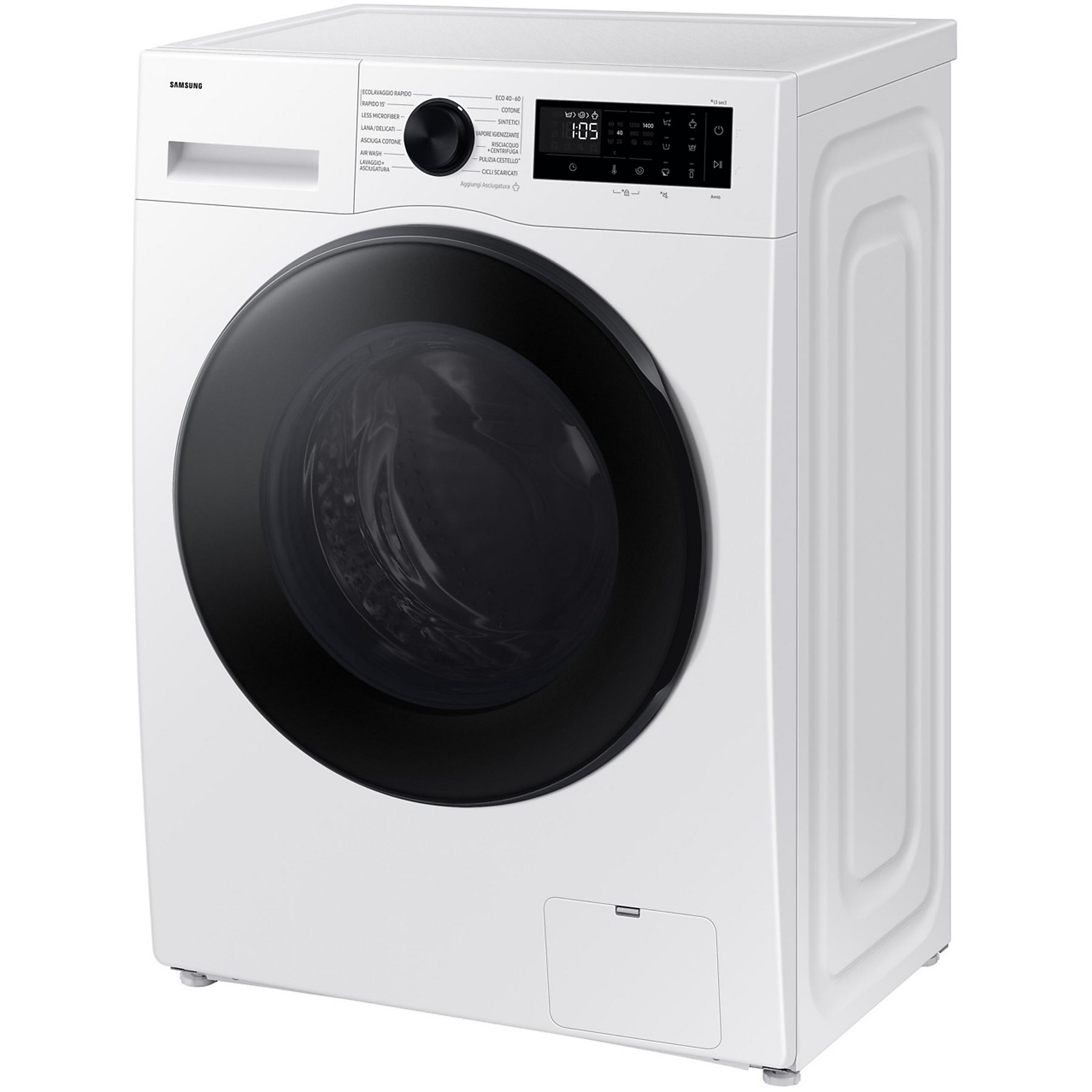 Lave-linge blanc avec porte noire et panneau de commande. Affiche l'heure et les réglages.