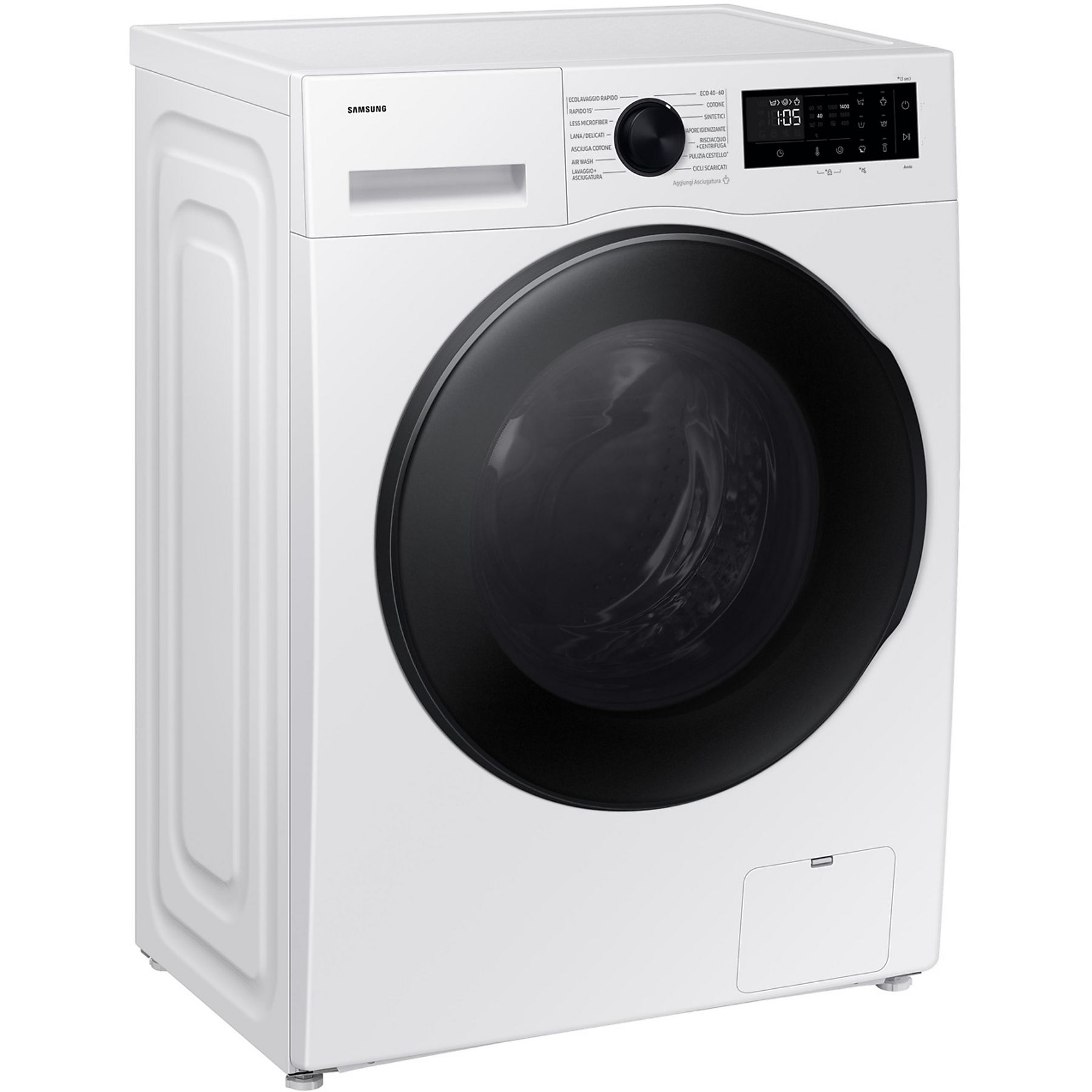 Lave-linge Samsung blanc avec porte noire et panneau de commande.