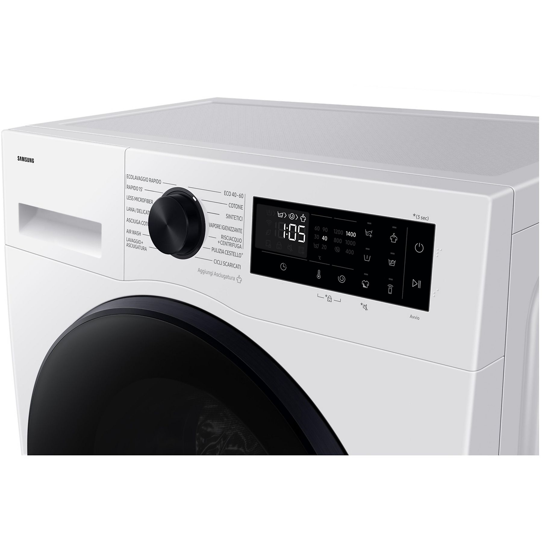 Lave-linge Samsung blanc avec porte noire et affichage numérique indiquant les réglages et l'heure.