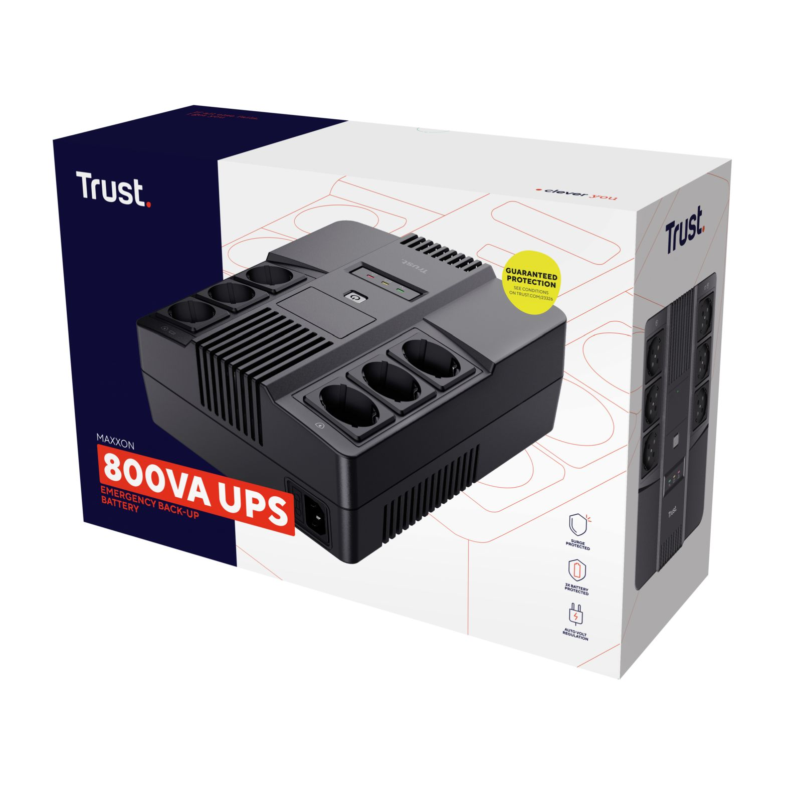 Un dispositivo SAI negro en una caja blanca, etiquetado como MAXXON 800VA UPS, con la marca Trust e iconos.