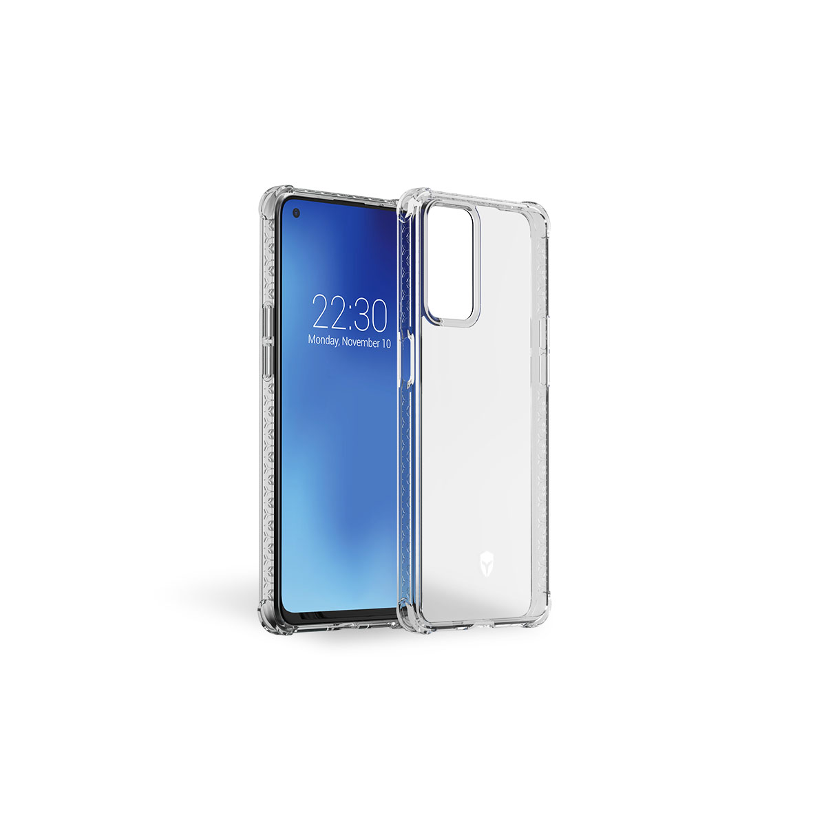 Telefoon in transparante hoes. Telefoon toont tijd: 22:30, maandag 10 november. Witte achtergrond.