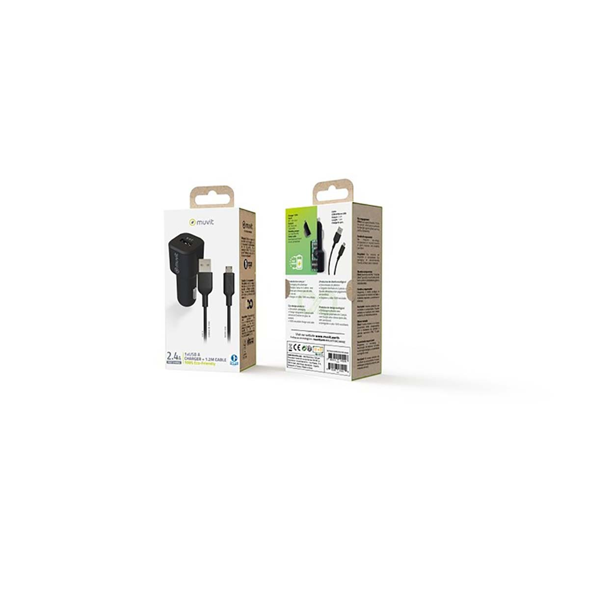 Dos cajas, una abierta, para cargador y cable 1,2M, con la marca 'muvit'.