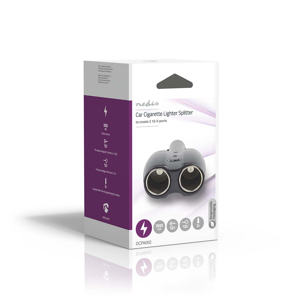 Caja blanca y morada mostrando un divisor de encendedor de cigarrillos para automóvil.