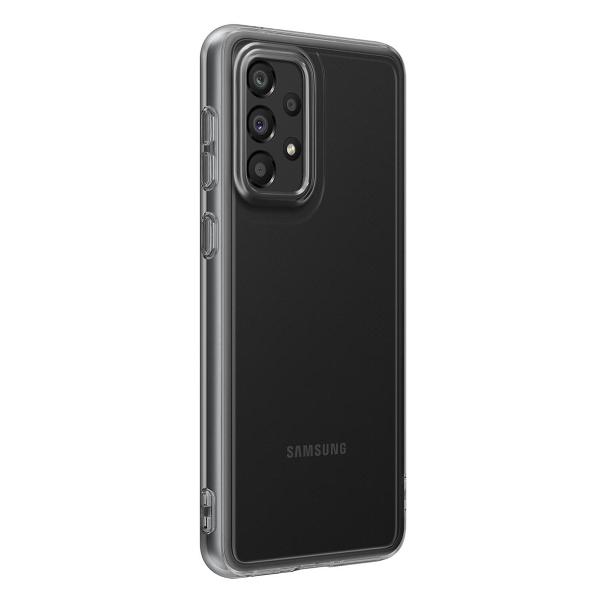 Ein schwarzes Smartphone in einer transparenten Hülle, die Kameralinsen des Telefons sind sichtbar.