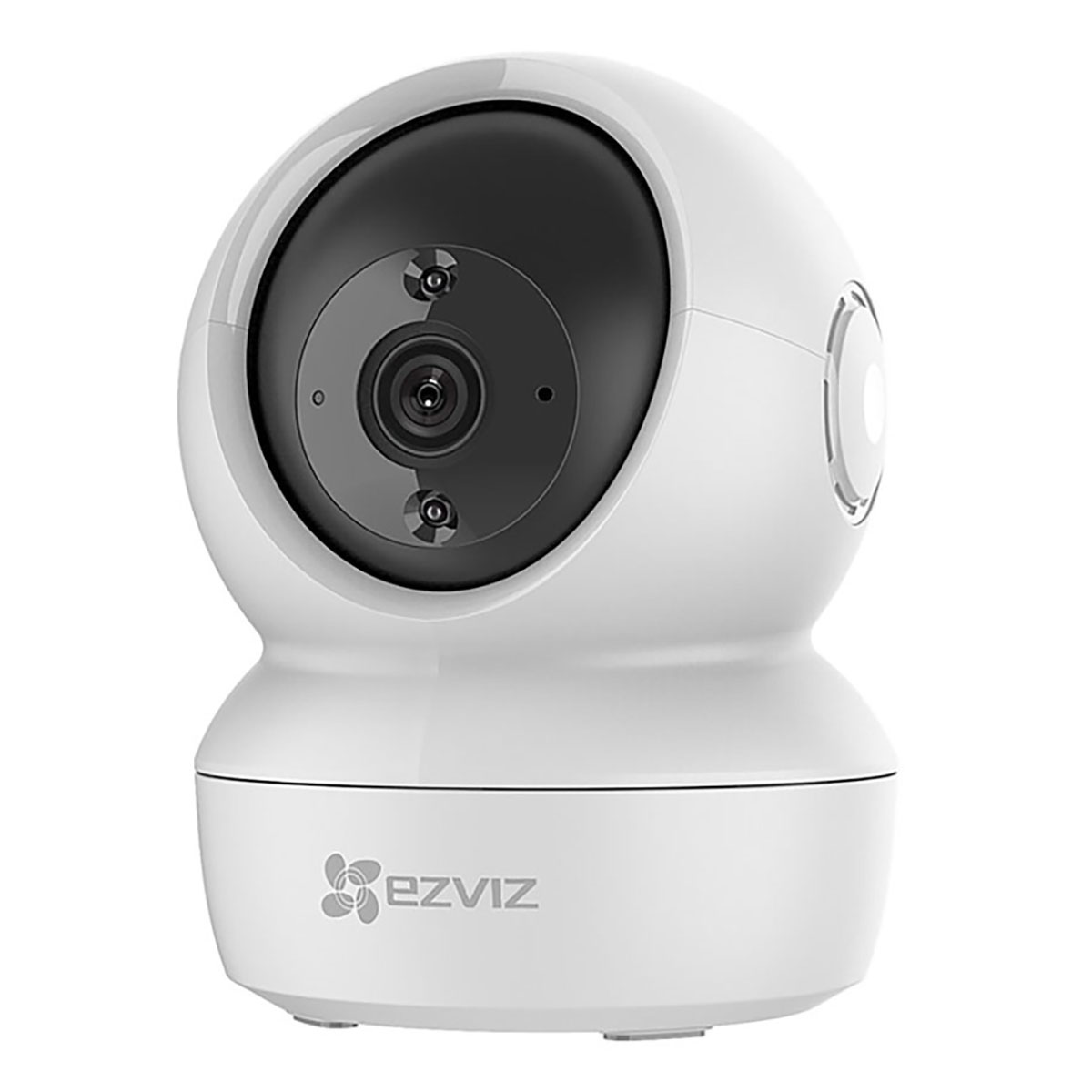 A white security camera with a black lens and two eye-like sensors.