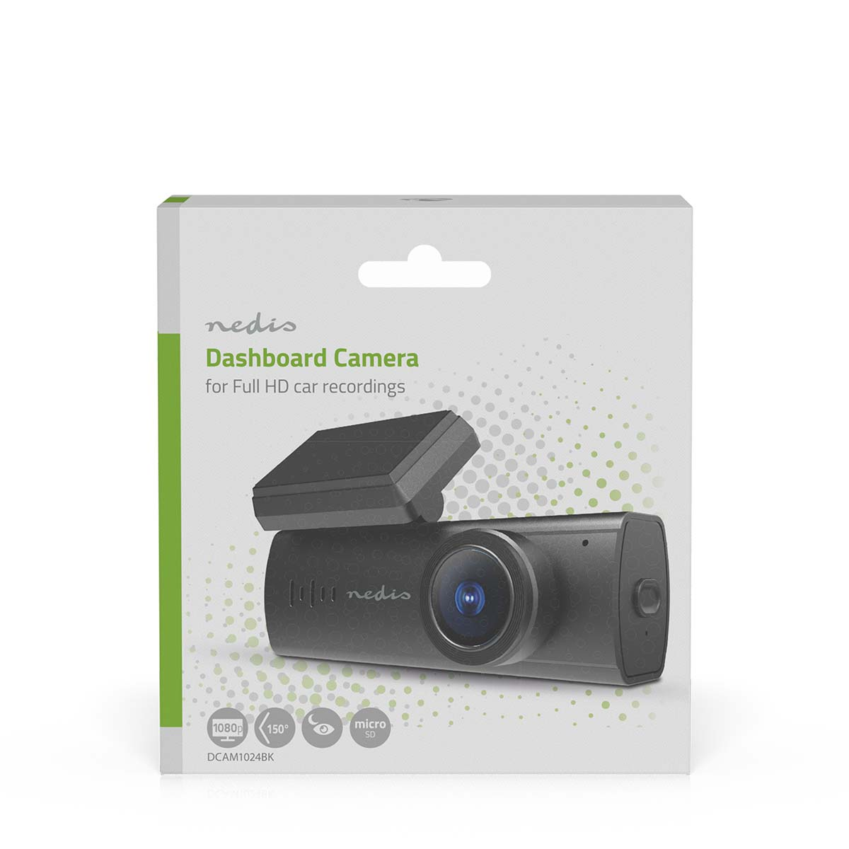 Dashcam in de doos, met zicht op de camera en het scherm.