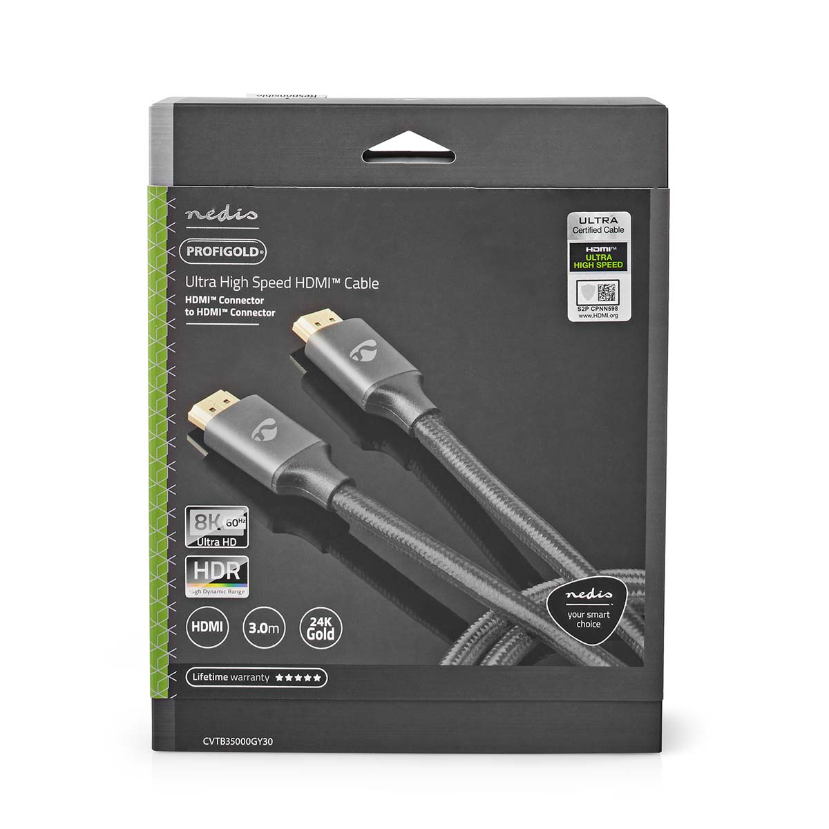 Eine schwarze Box mit einem HDMI-Kabel. Etiketten: Ultra High Speed, 8K, 3.0m, 24K Gold, Lebenslange Garantie.